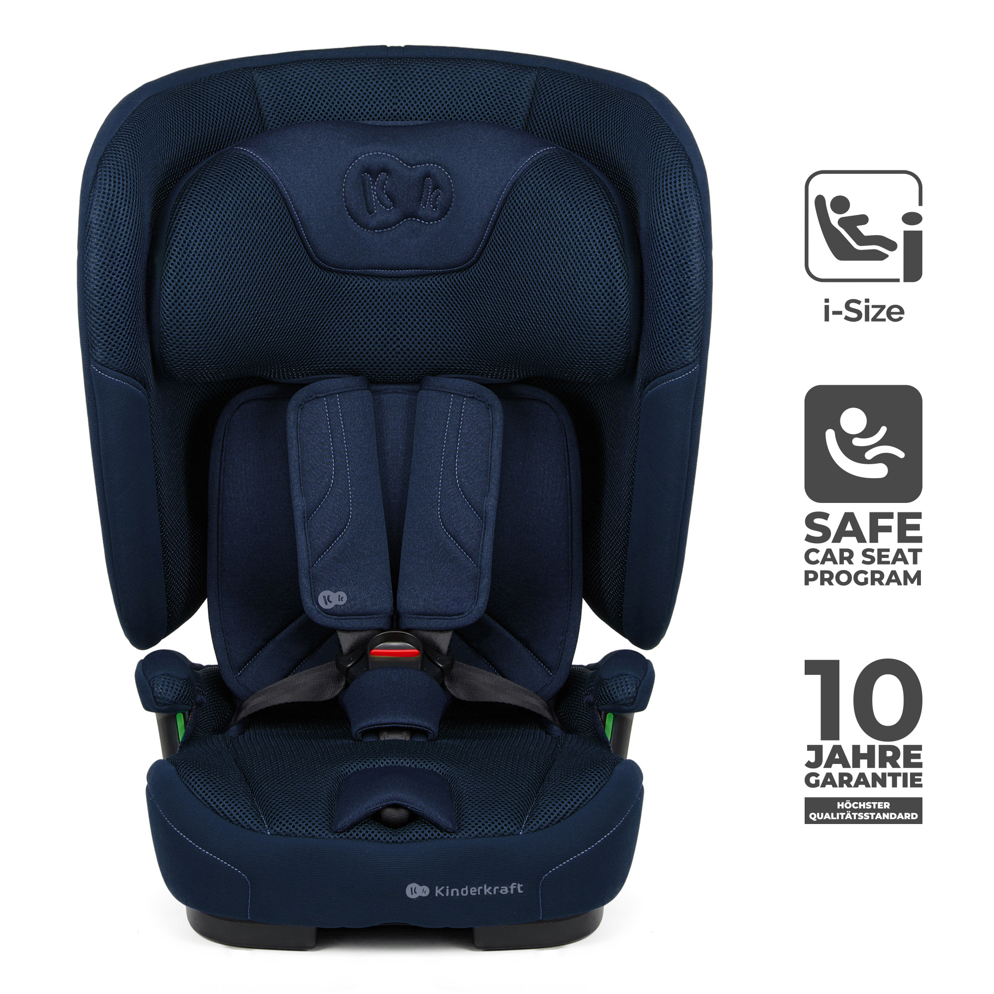 Dunkelblauer Kindersitz mit 5-Punkt-Gurt. i-Size Logo daneben.