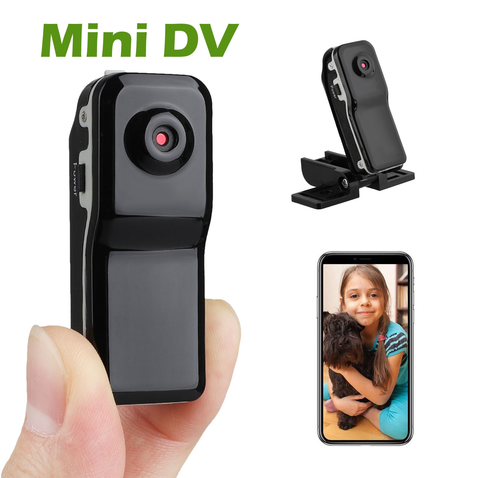 Mini DV-Kamera mit rotem Licht, Clip und Handy-Anzeige eines Mädchens mit Hund.