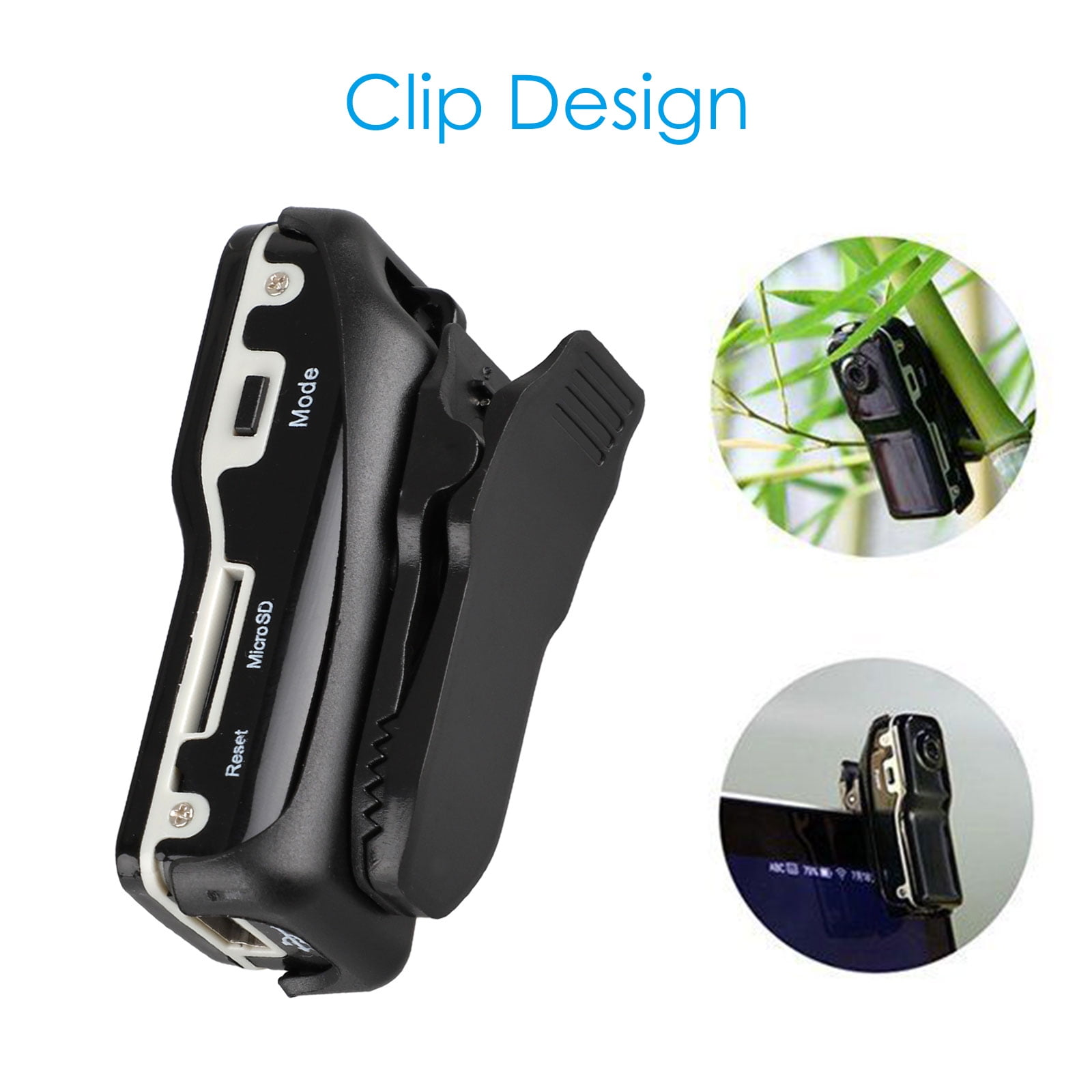 Schwarzer Clip-on Mini-Camcorder mit USB- und MicroSD-Anschlüssen, gezeigt auf Bambus.