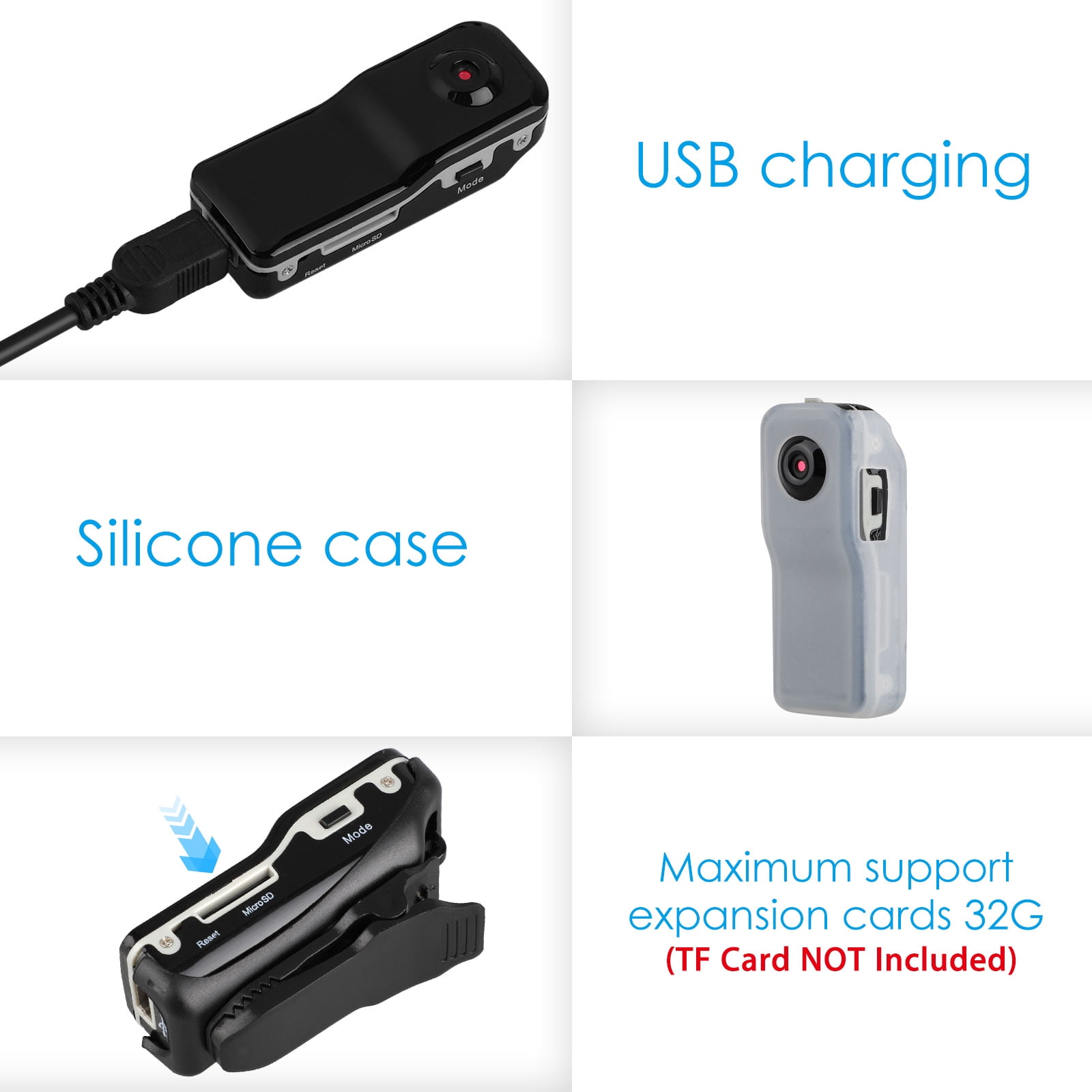 Ein schwarzes Mini-Gerät mit USB-Ladekabel, Silikonhülle und Speicherkartensteckplatz.
