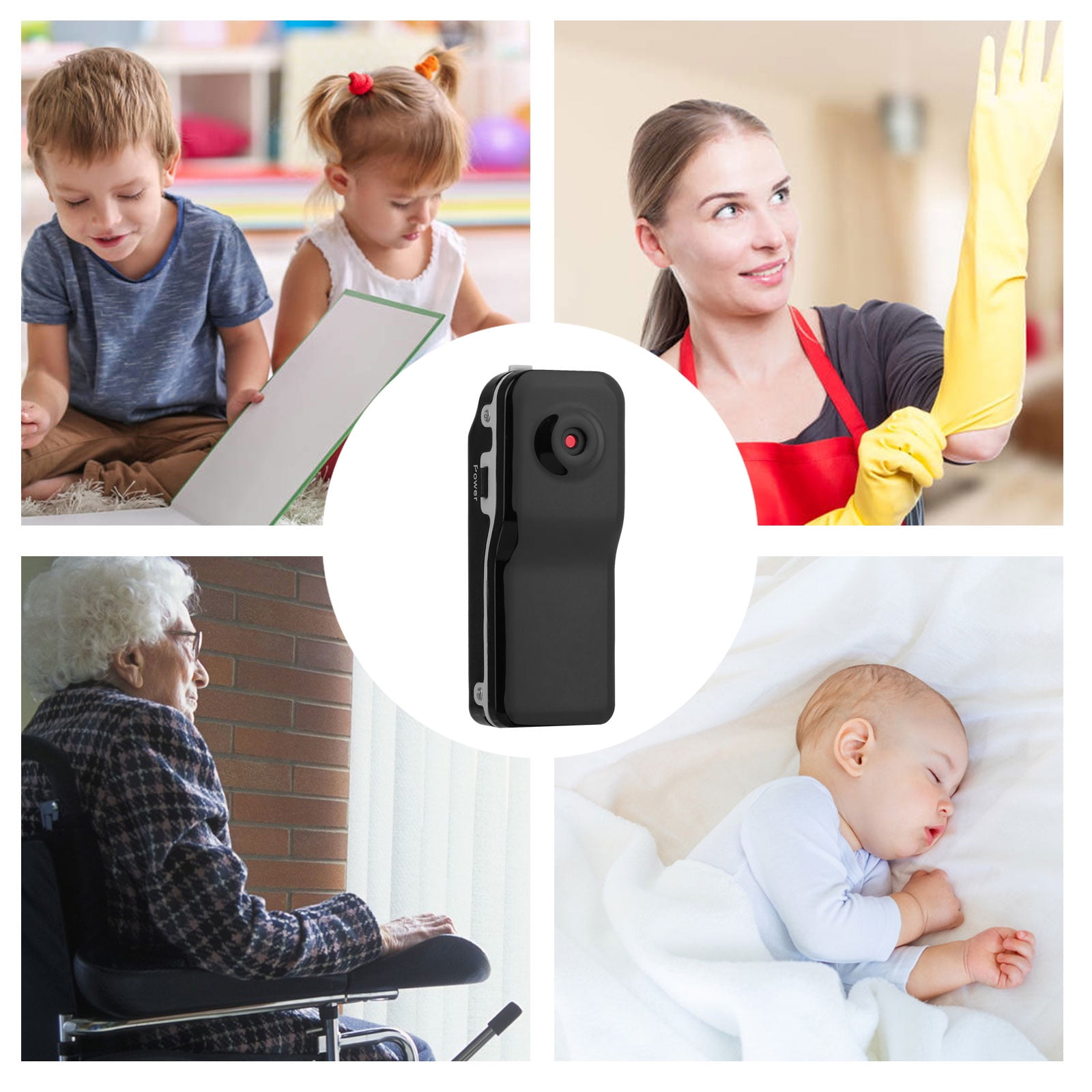 Ein Collagencollage mit Kindern, einer Putzfrau, einer älteren Frau im Rollstuhl und einem schlafenden Baby.
