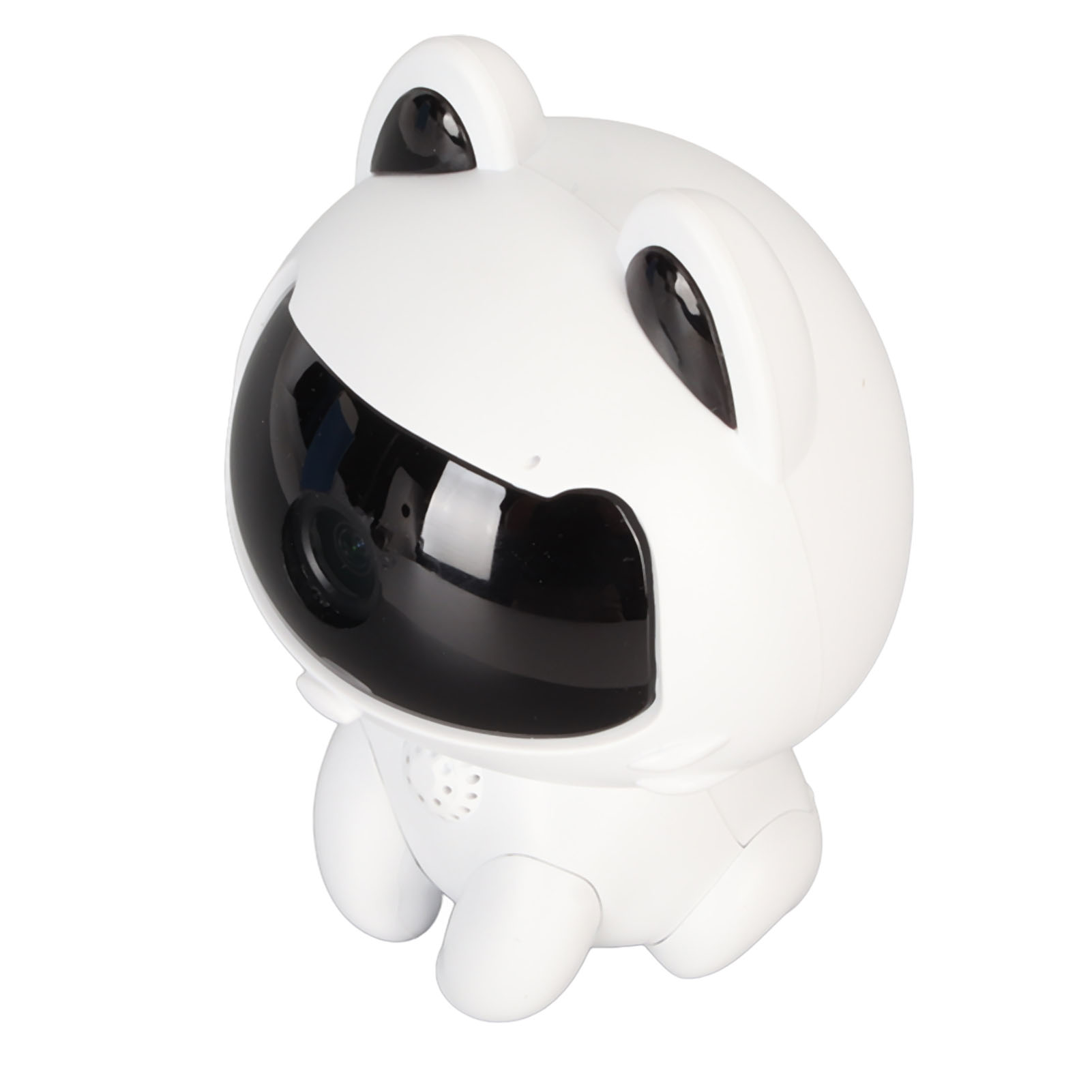 Ein weißer Roboter mit schwarzen Augen und einer schwarzen Maske.
