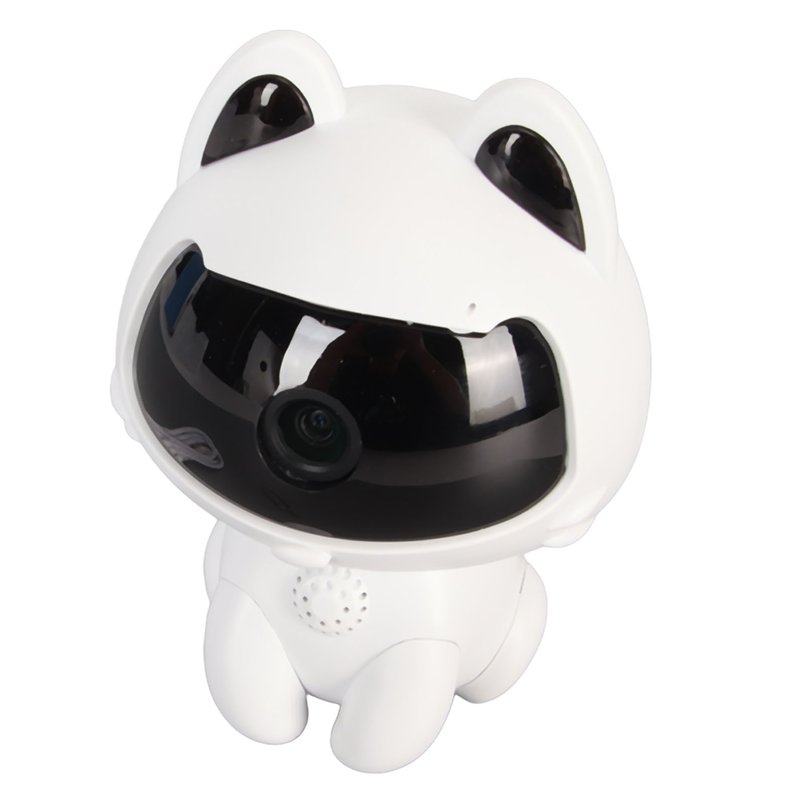 Ein weißer, froschartiger Roboter mit schwarzen Augen und einer Kamera.