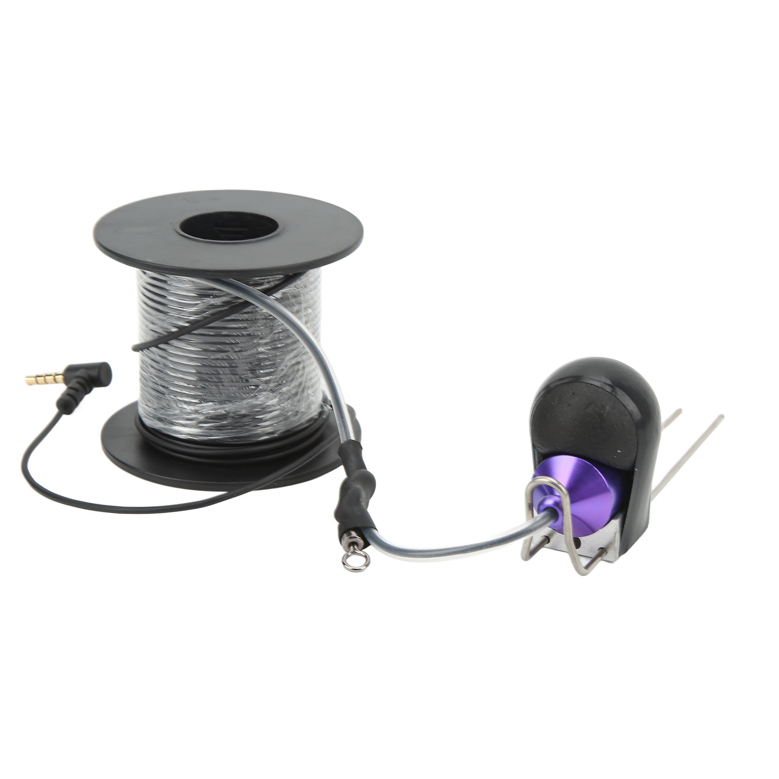 Spule mit Draht, Kabel mit Stecker und ein lila Kernstück mit Metallbügel.