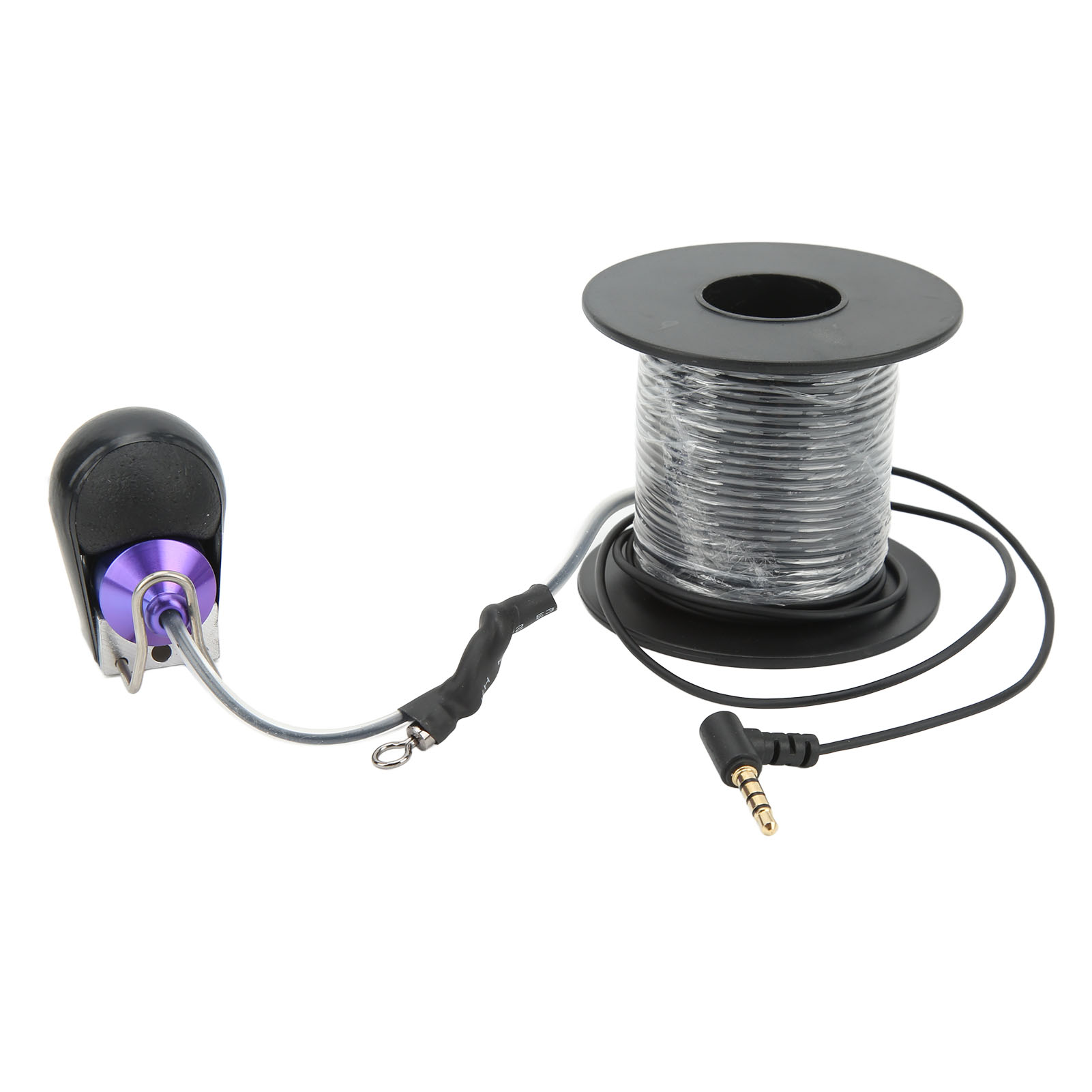 Ein schwarzer Spulenkabel mit einem 3,5-mm-Stecker und einem lila/silbernen Griff.