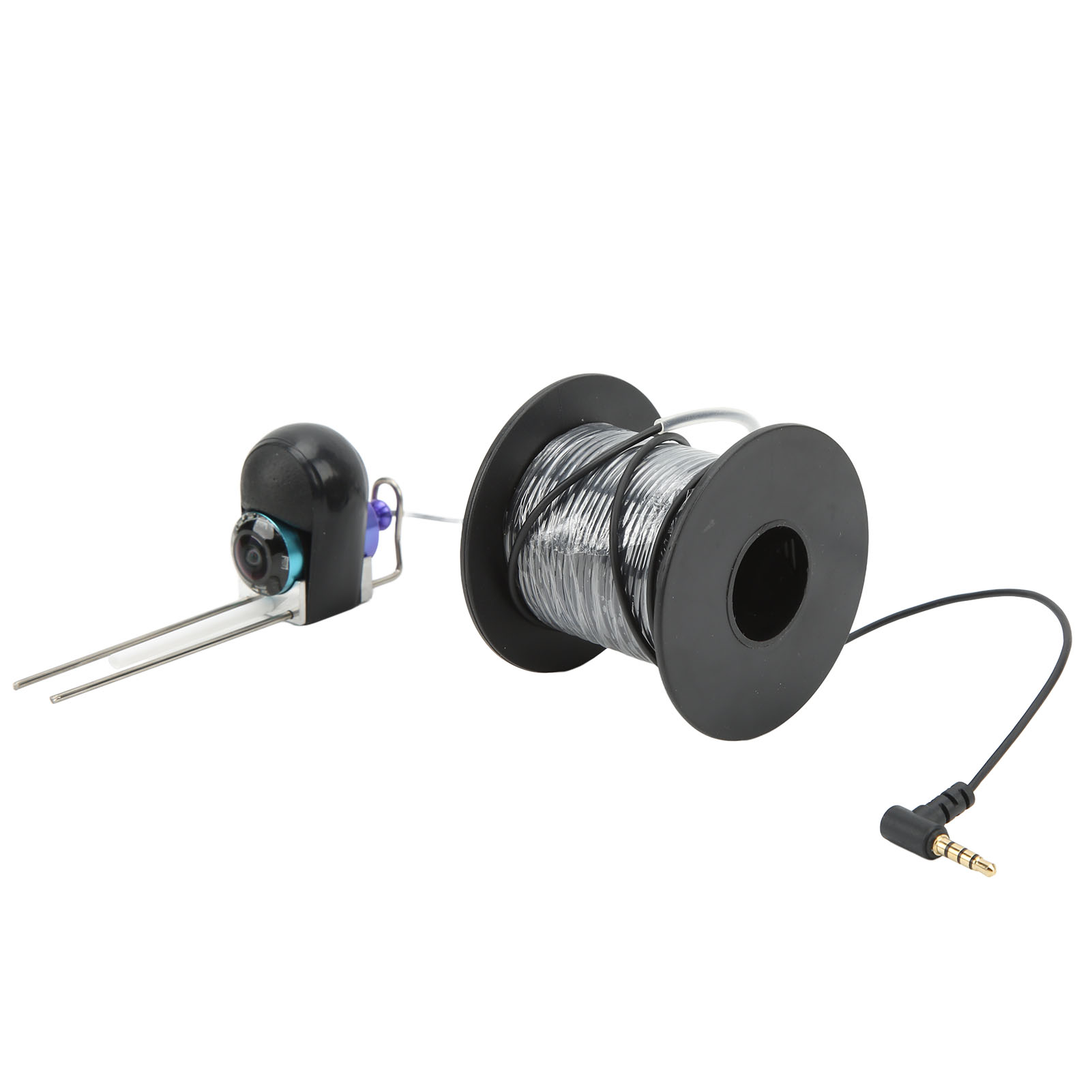 Kleine Kamera mit Drahtspule und Stecker auf weißem Hintergrund.