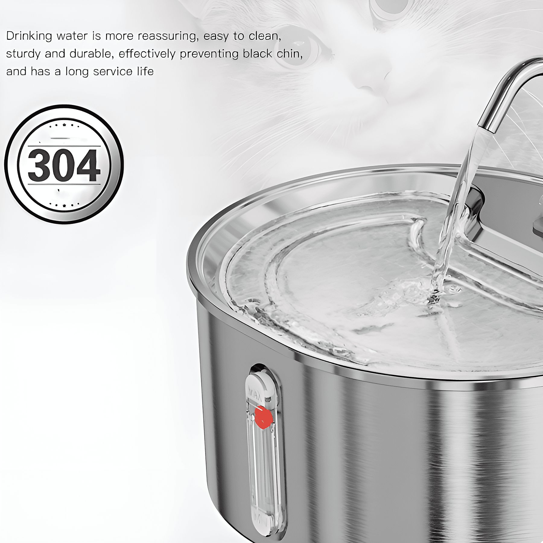 Ein silberner Trinkbrunnen für Haustiere mit fließendem Wasser. "304" ist sichtbar.