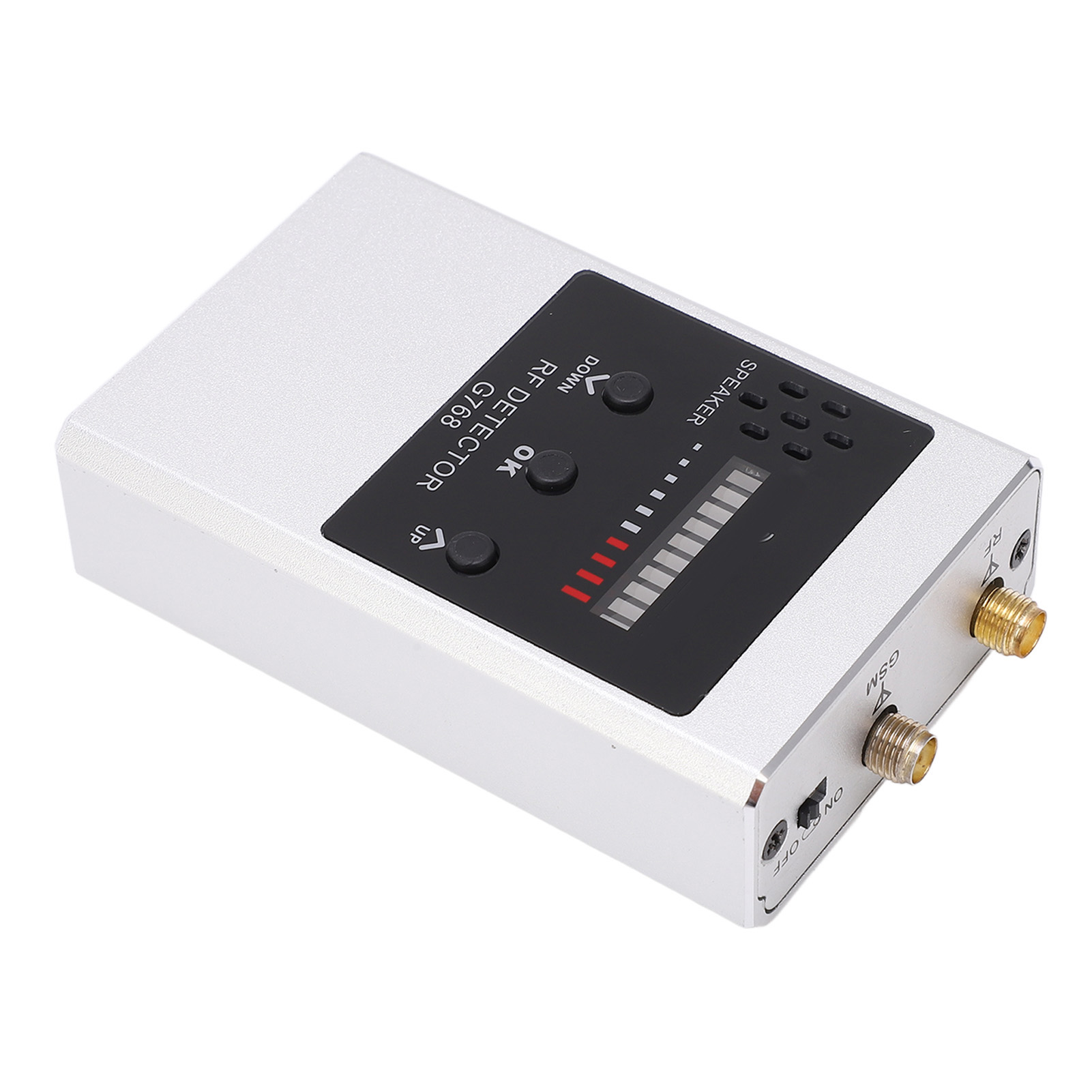 Ein silbernes RF-Detektor-Gerät mit einem schwarzen Bildschirm, Tasten und einer LED-Anzeige.