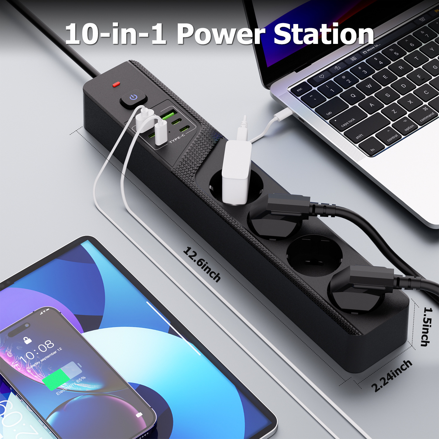 Schwarze 10-in-1-Stromstation mit angeschlossenem Laptop und Tablet.