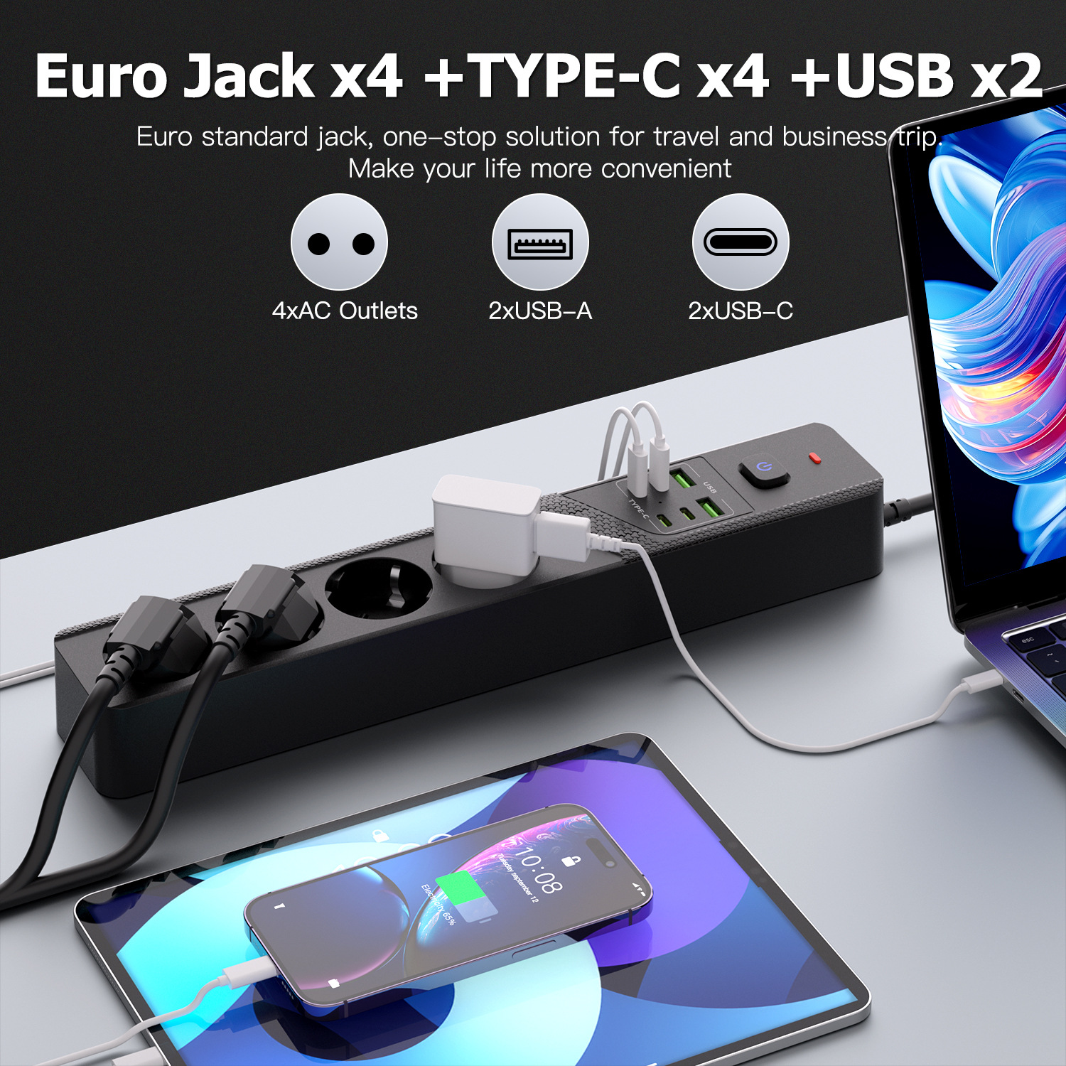 Schwarze Steckdosenleiste mit vier Euro-Steckdosen und mehreren USB-Anschlüssen lädt Laptop, Tablet und Handy.