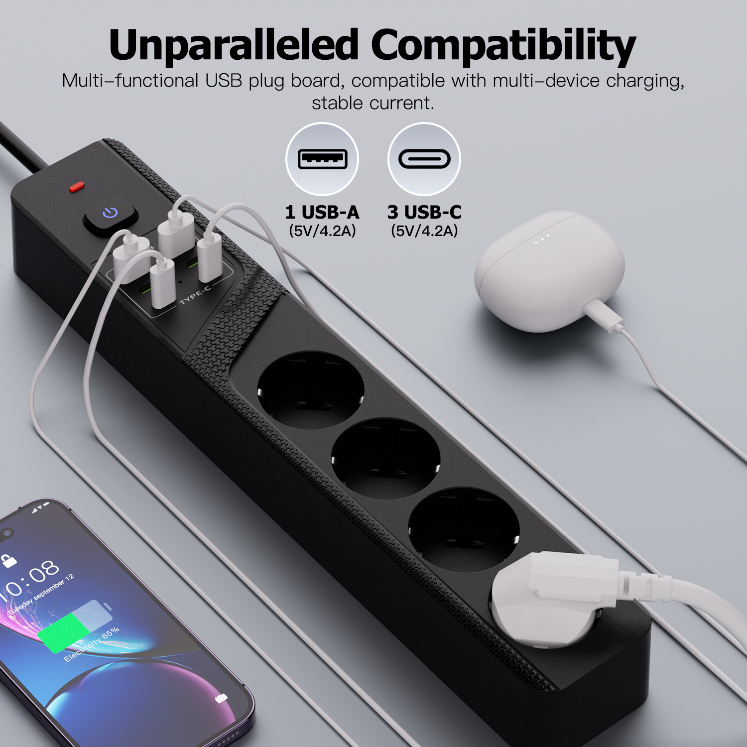 Schwarze Mehrfachsteckdose mit USB-A, USB-C, Steckdosen und einem iPhone im Lademodus.