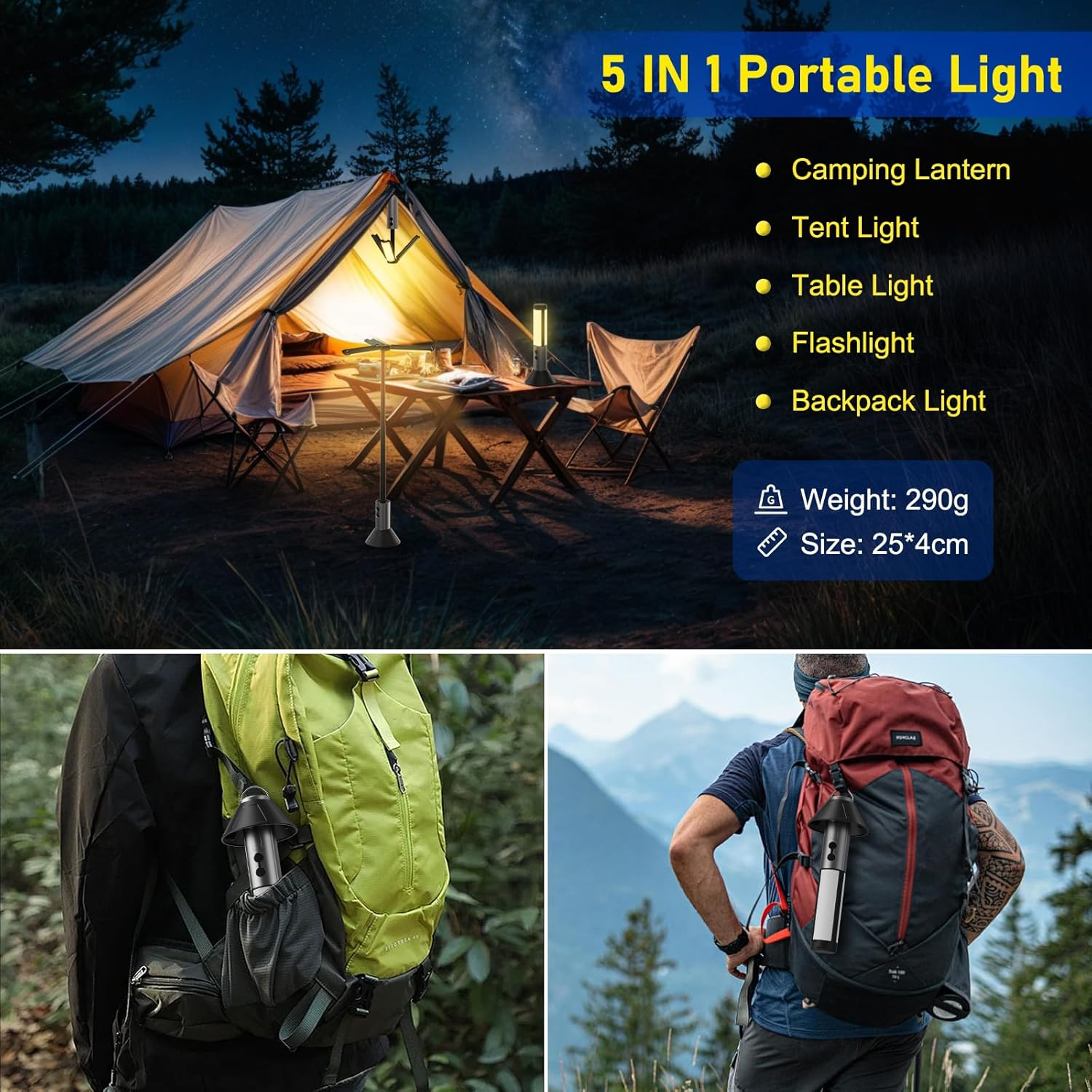 5-in-1 Campinglicht: Zelt, Tisch, Taschenlampe, Rucksack. Gewicht 290g.