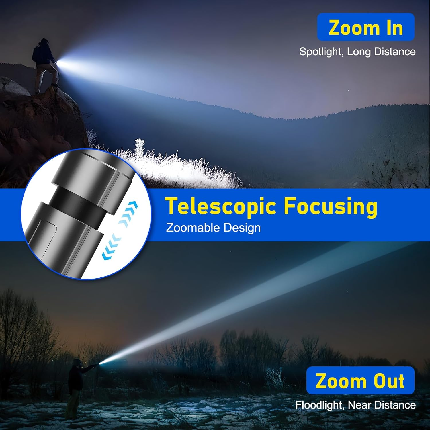Mann auf Berg nutzt Taschenlampe mit Zoom für weite Distanz. Zoom aus zeigt Flutlicht.
