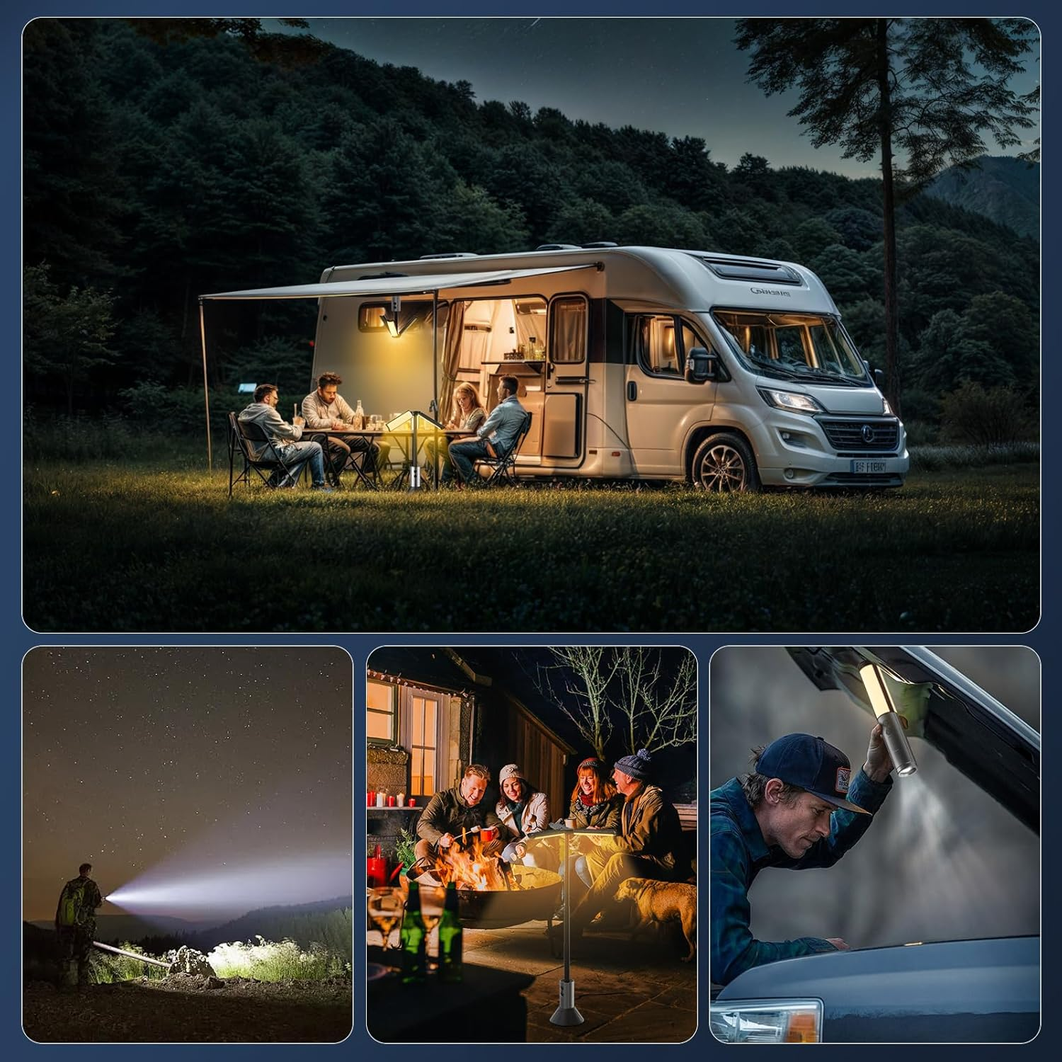 Menschen campen nachts mit Wohnmobil, Lagerfeuer und Taschenlampe.