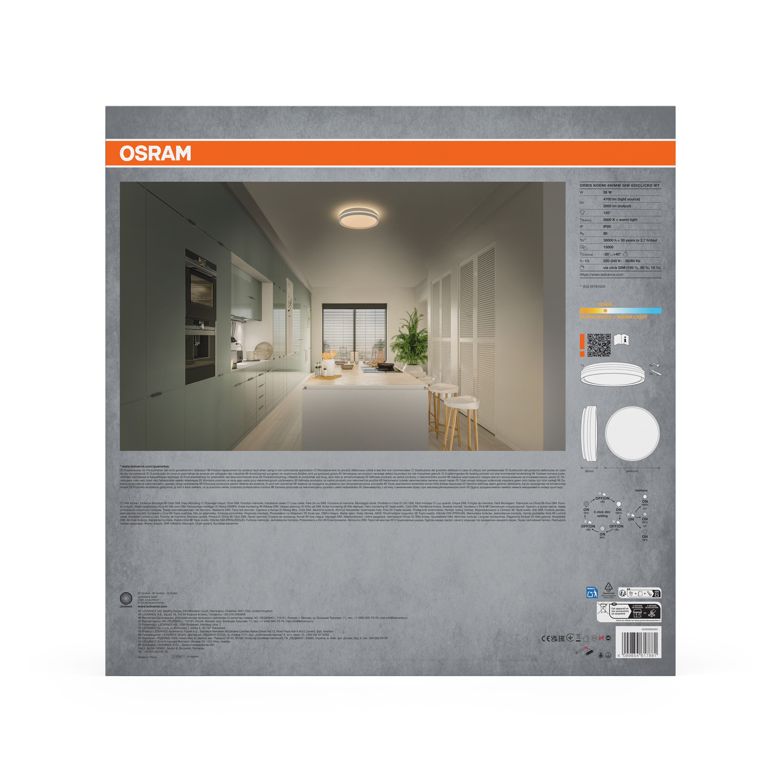 OSRAM-Produktverpackung mit einem modernen Küchendesign und technischen Details.