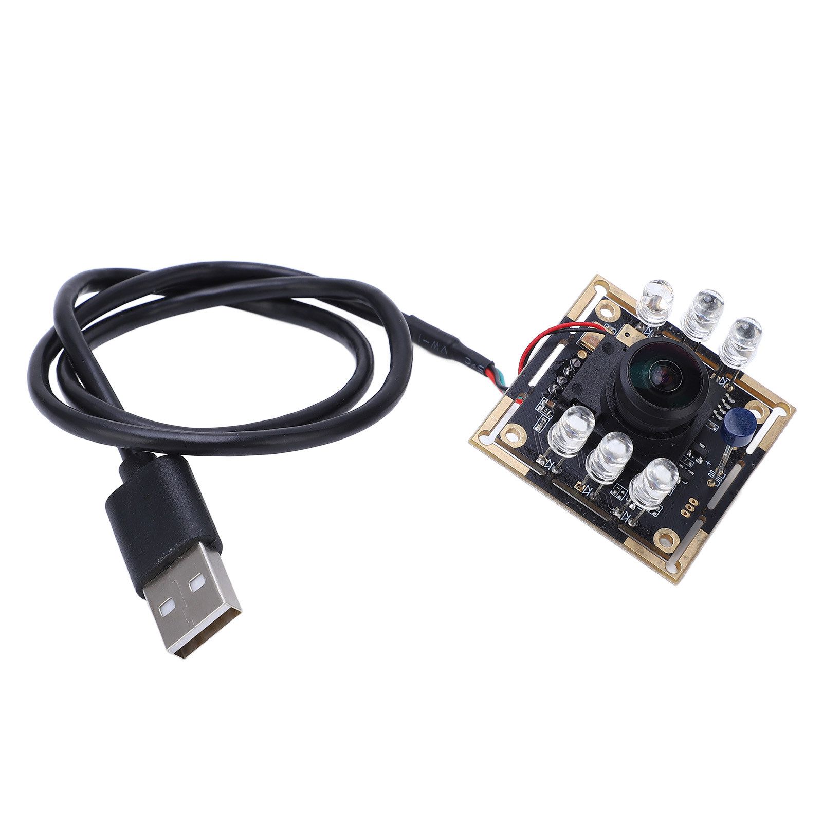 Ein schwarzes USB-Kabel, das an ein kleines Kameramodul mit LEDs auf weißem Hintergrund angeschlossen ist.
