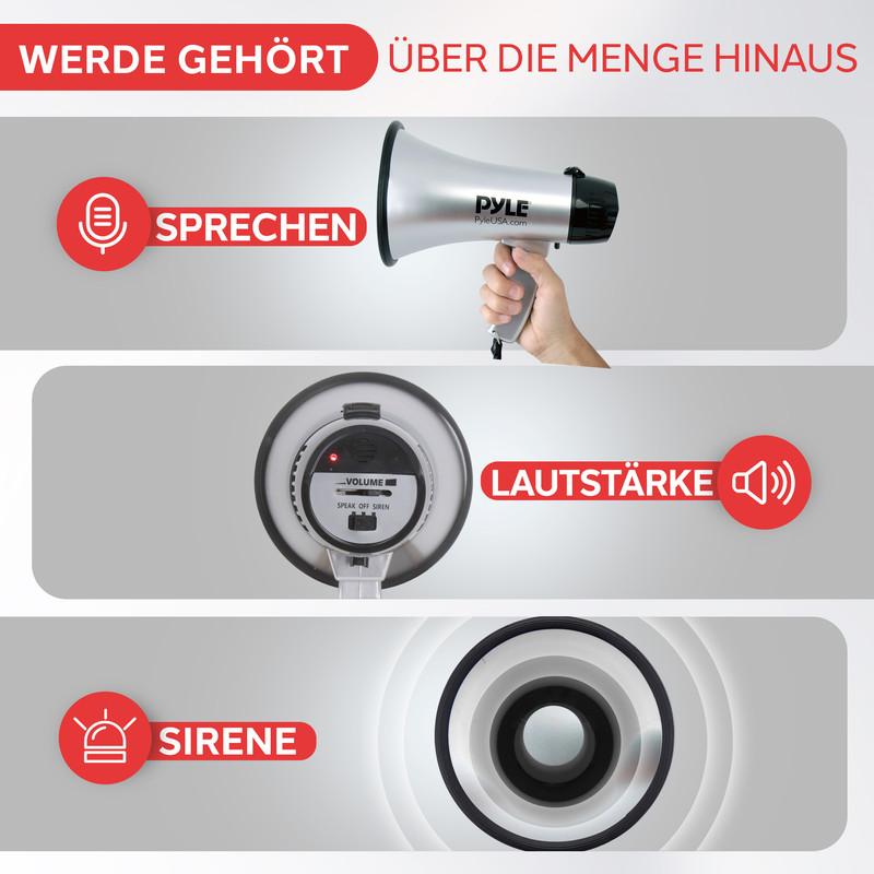 Ein silbernes Megafon wird gezeigt mit den Modi Sprechen, Lautstärke und Sirene.