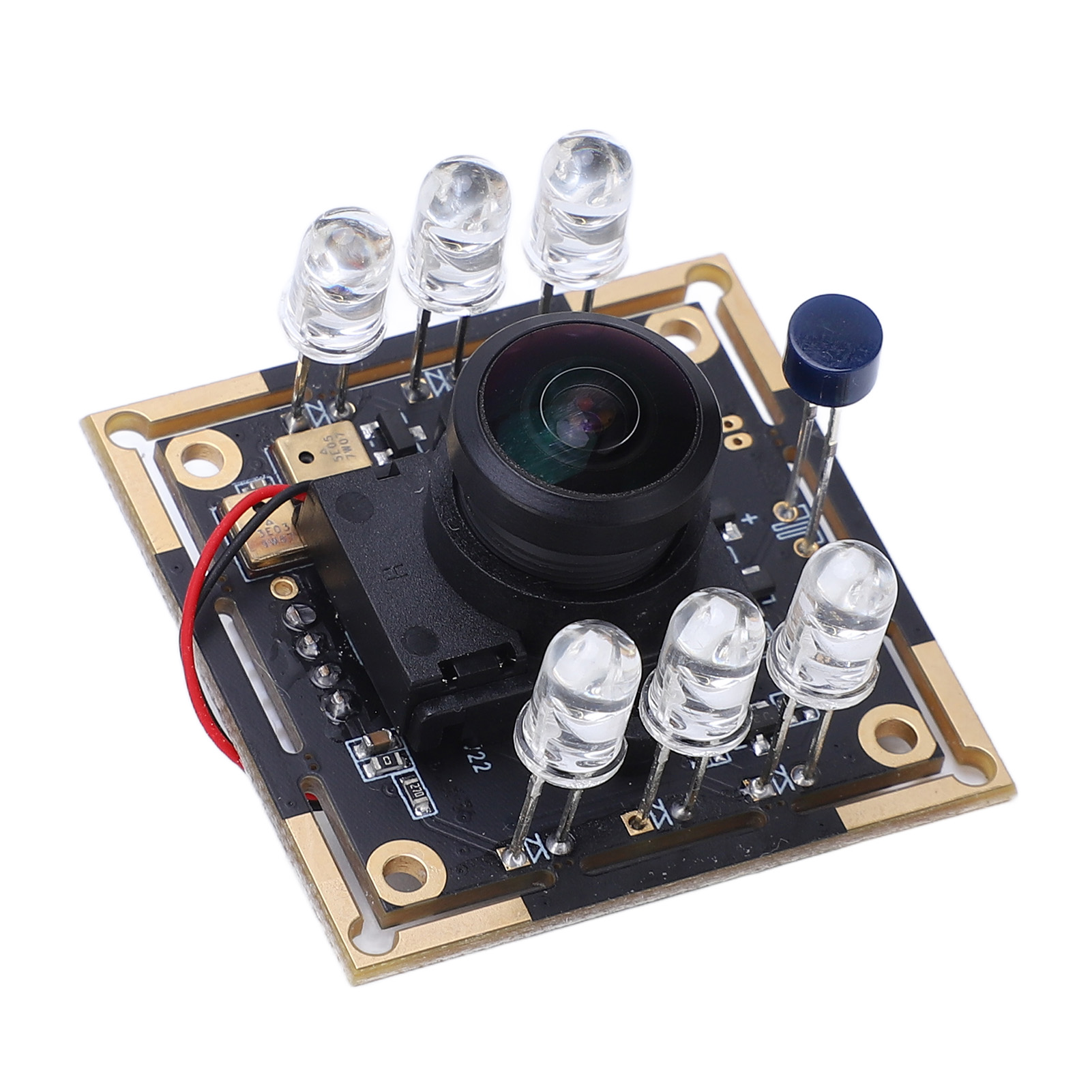 Eine Platine mit Kameraobjektiv, vier LEDs und einem Transistor.