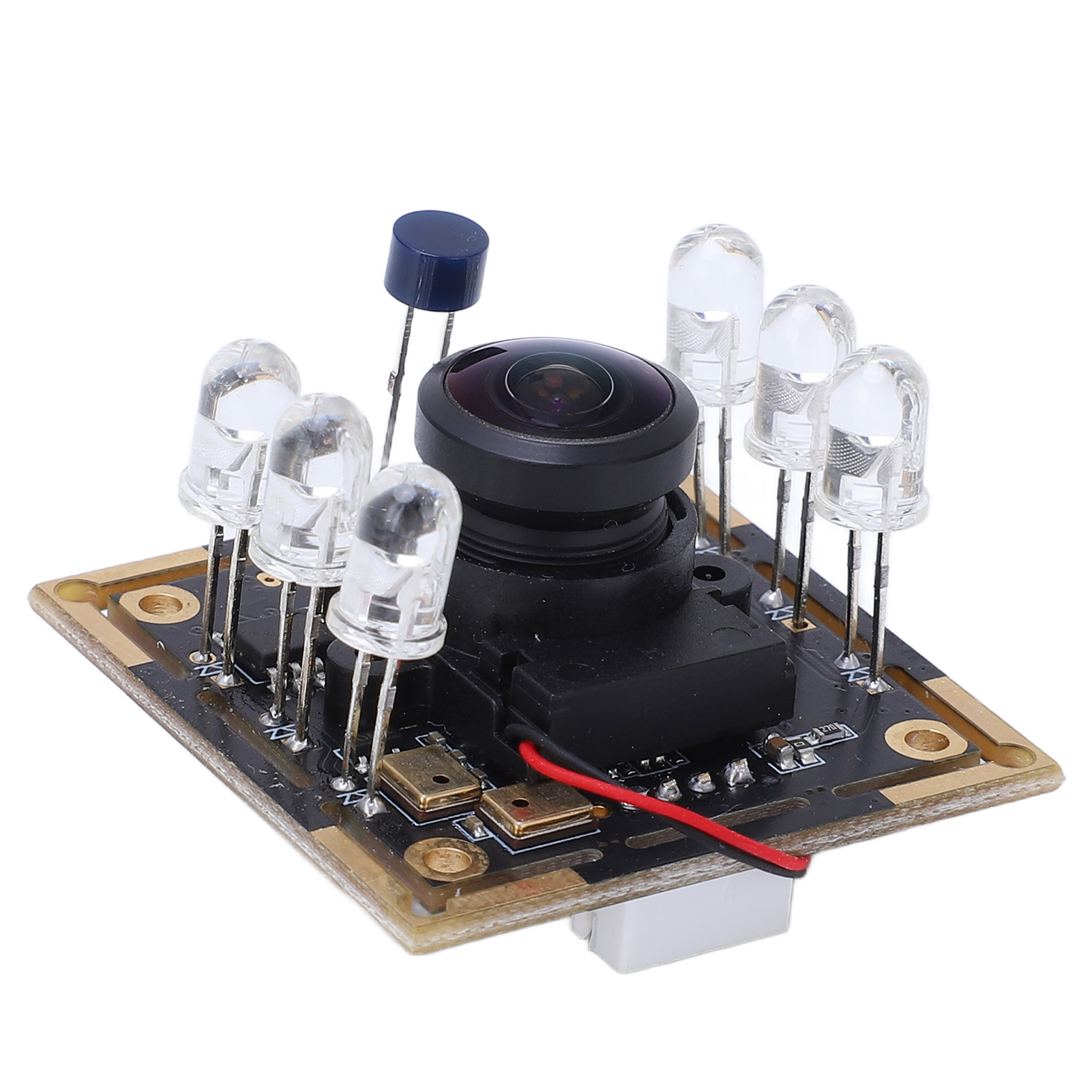 Kameramodul mit Linse, 6 LEDs und blauem Bauteil auf Platine.