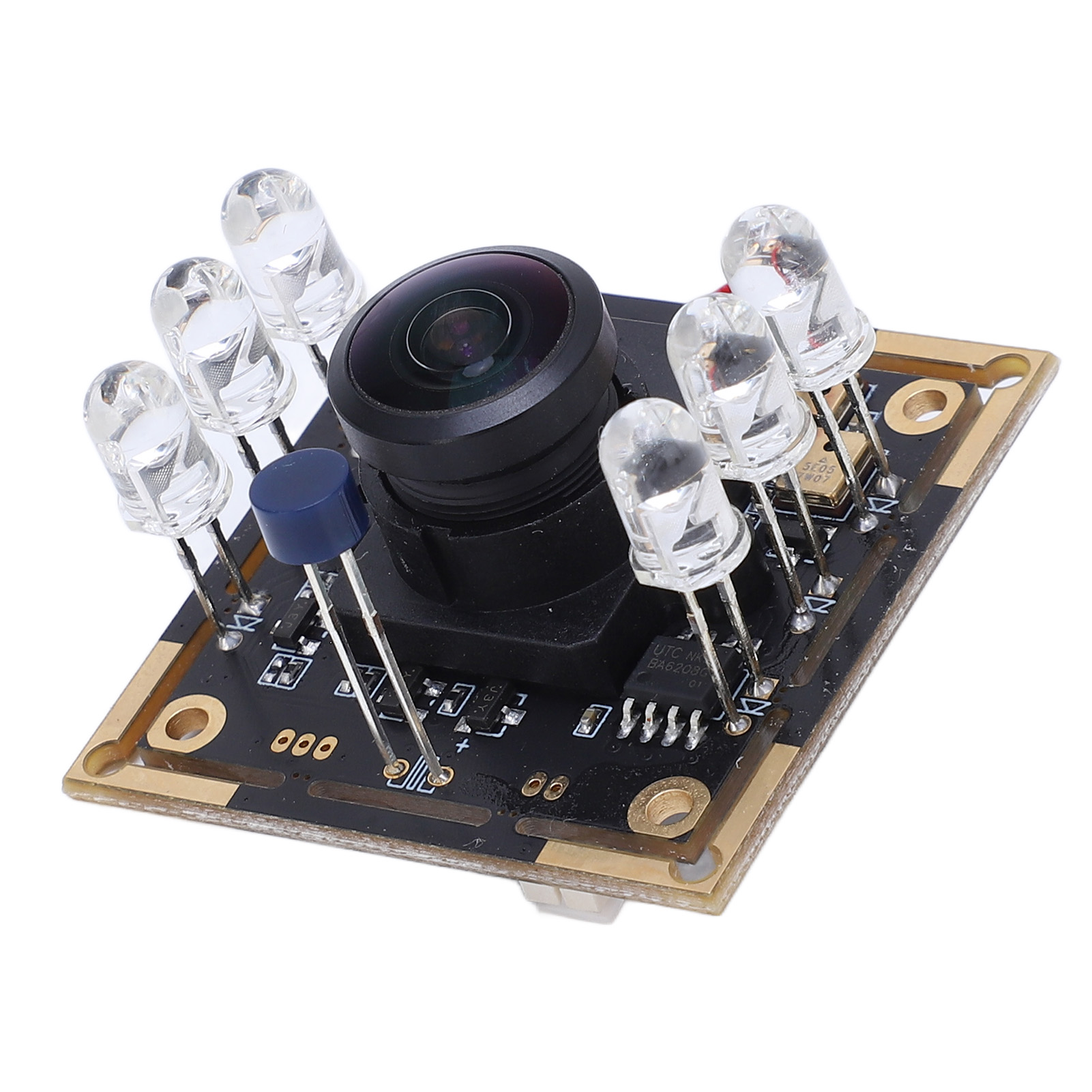 Eine Platine mit Kamera und sieben LEDs.