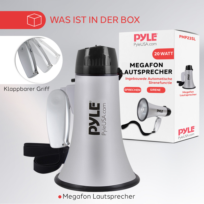 Silberner Megafon-Lautsprecher mit schwarzem Griff und Lautsprechermembran.