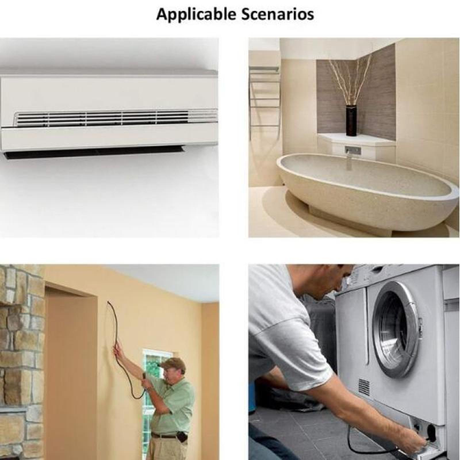 Ein weißer Klimaanlagen-Schrank an einer Wand, ein Bad mit Wanne, ein Mann verlegt Kabel, ein Mann schließt eine Waschmaschine an.
