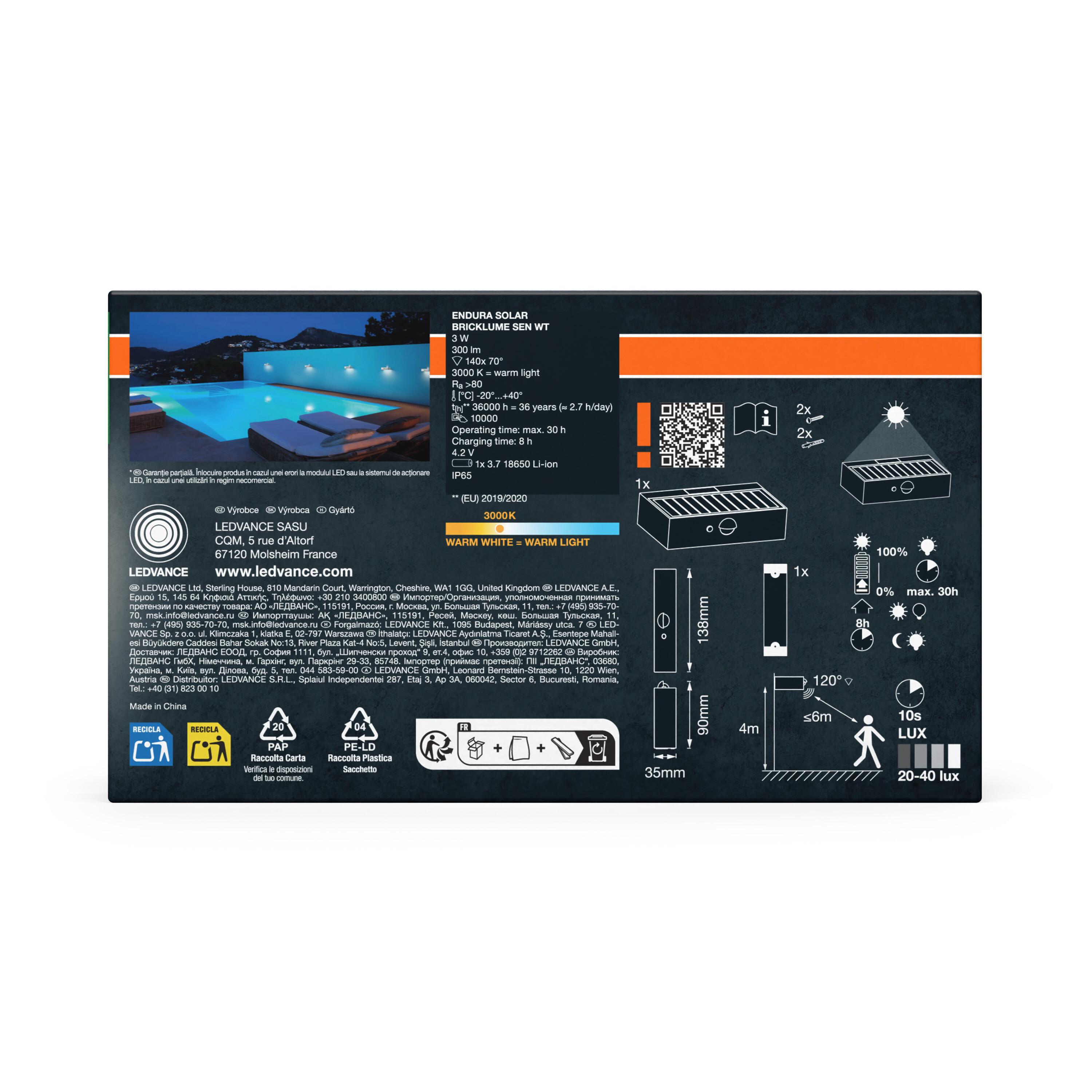 Verpackung mit Produktbild eines Solar-Wandleuchters, technische Daten und Montageanleitung.