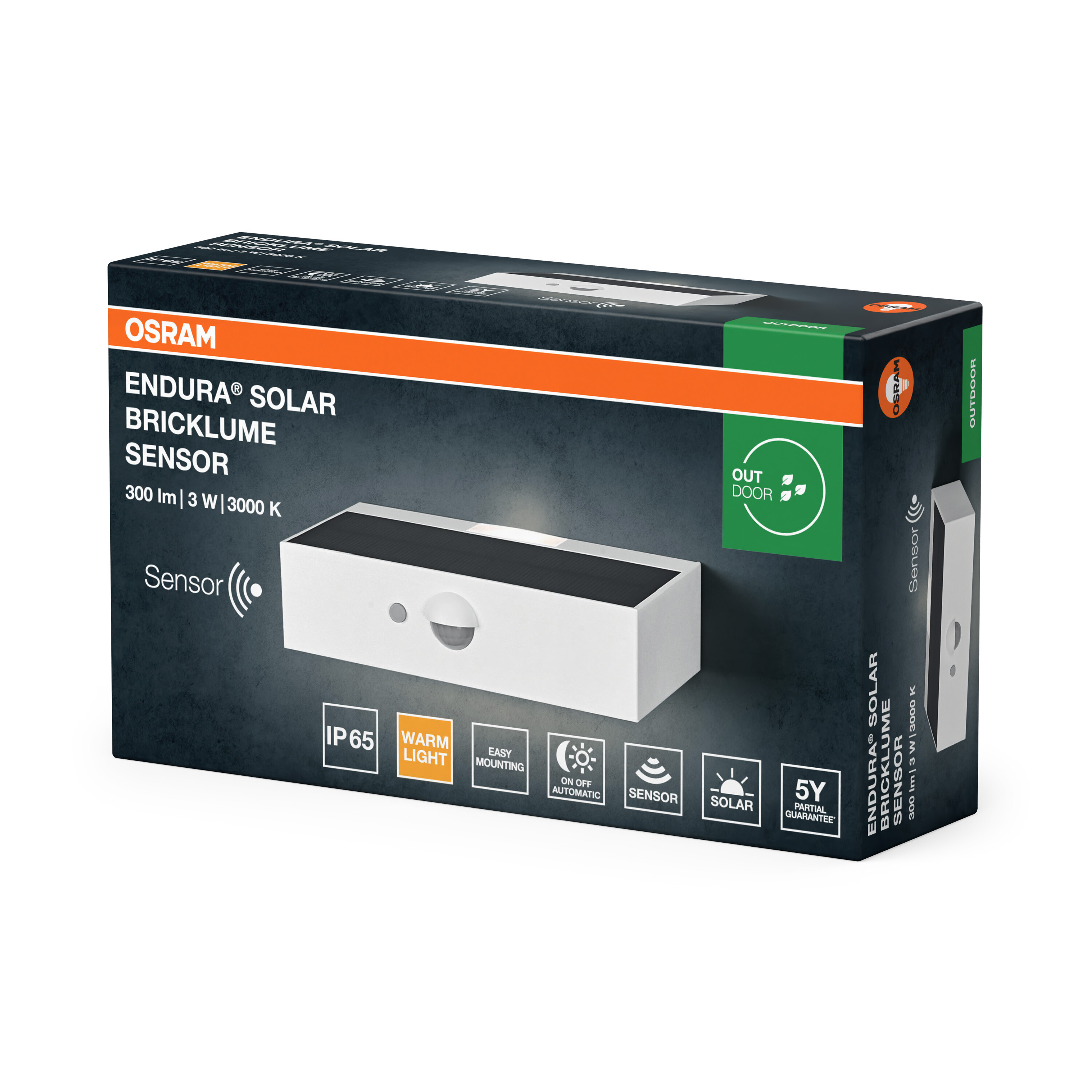 Verpackung für Osram Endura Solar Bricklume Sensor, weiß mit Solarpanel.