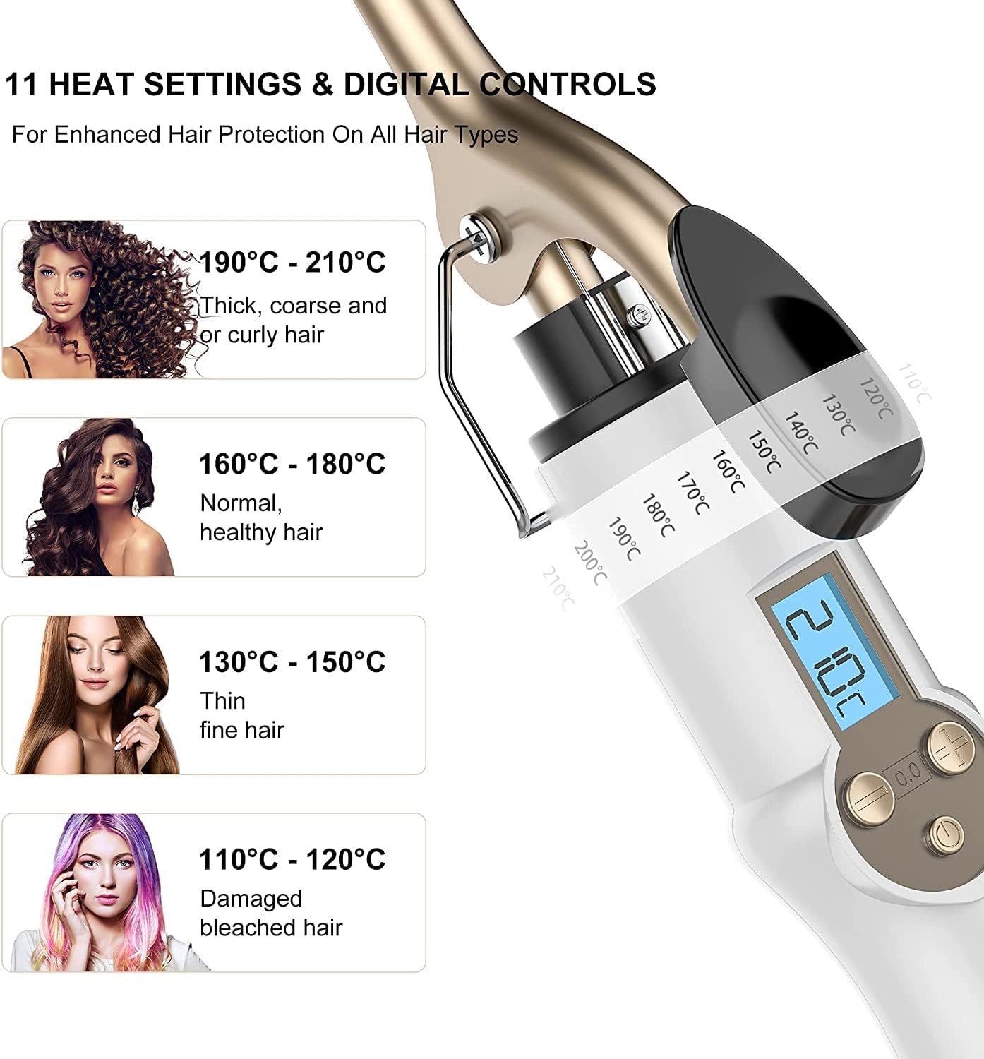 Haarlockenwickler mit Digitalanzeige (210°C) und Temperatureinstellungen für verschiedene Haartypen.