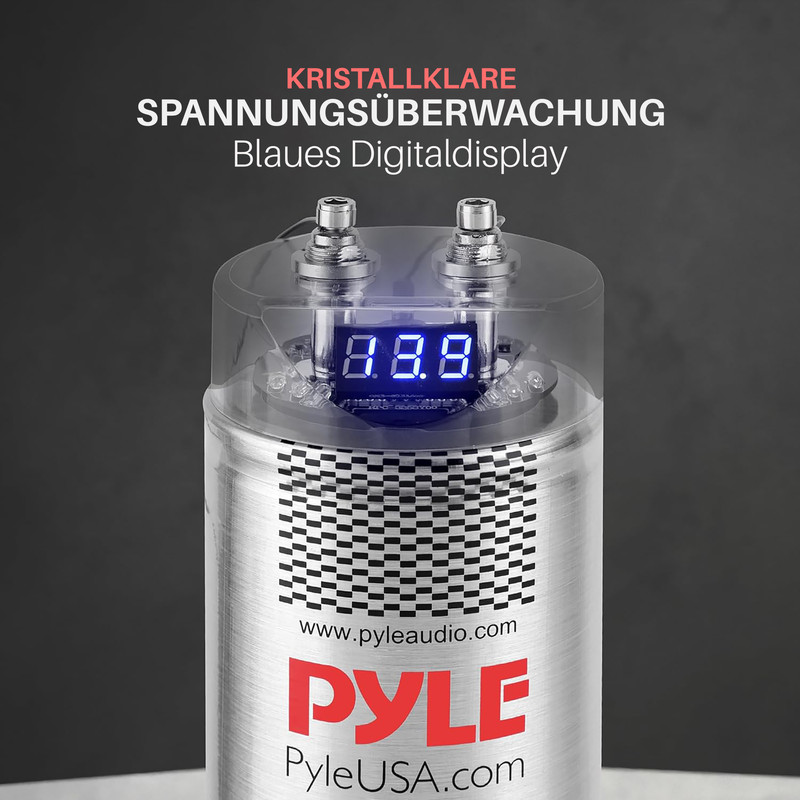Silberner Kondensator mit blauem Digitaldisplay und "PYLE" Logo.