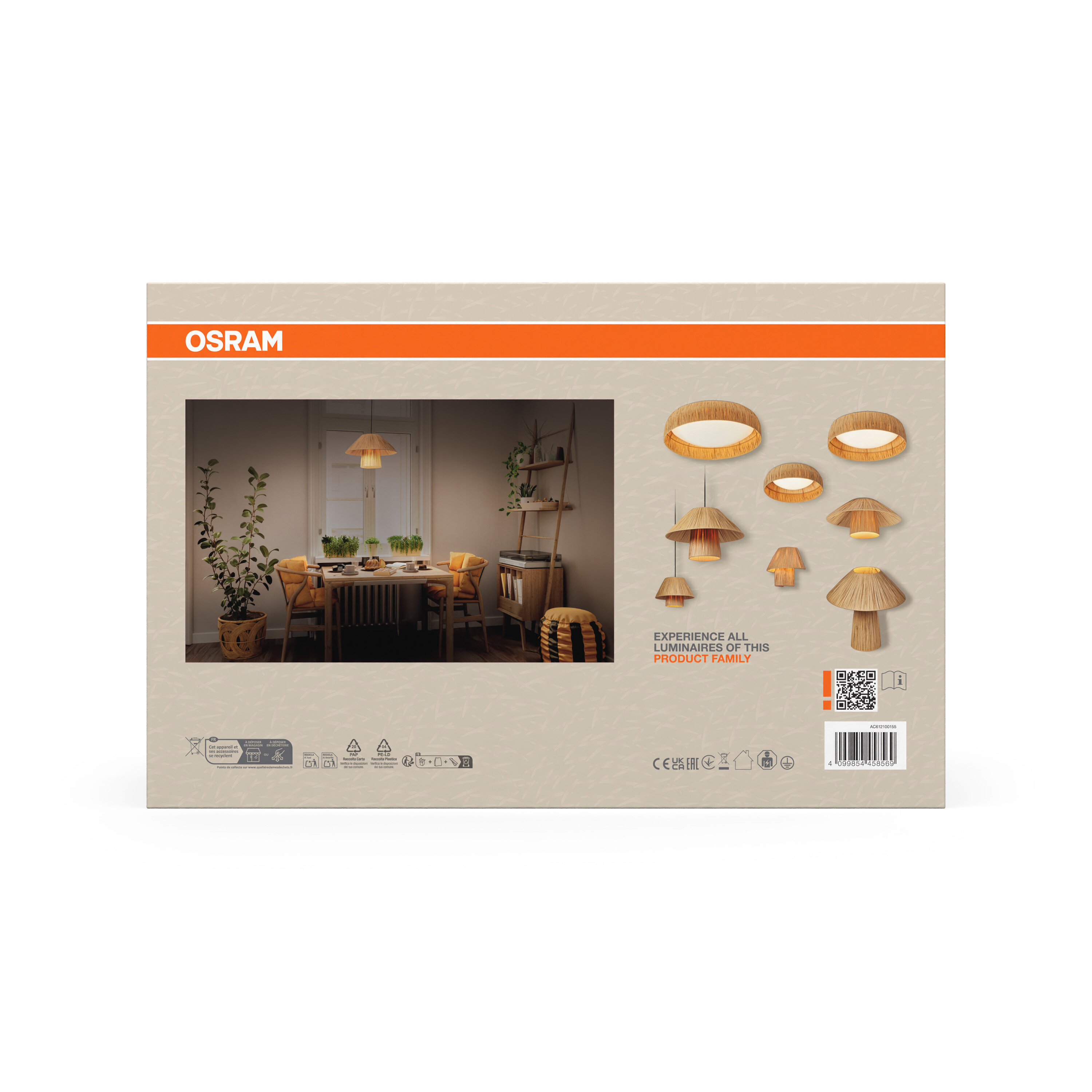 OSRAM-Verpackung mit Esszimmer-Szene und verschiedenen Lampen.