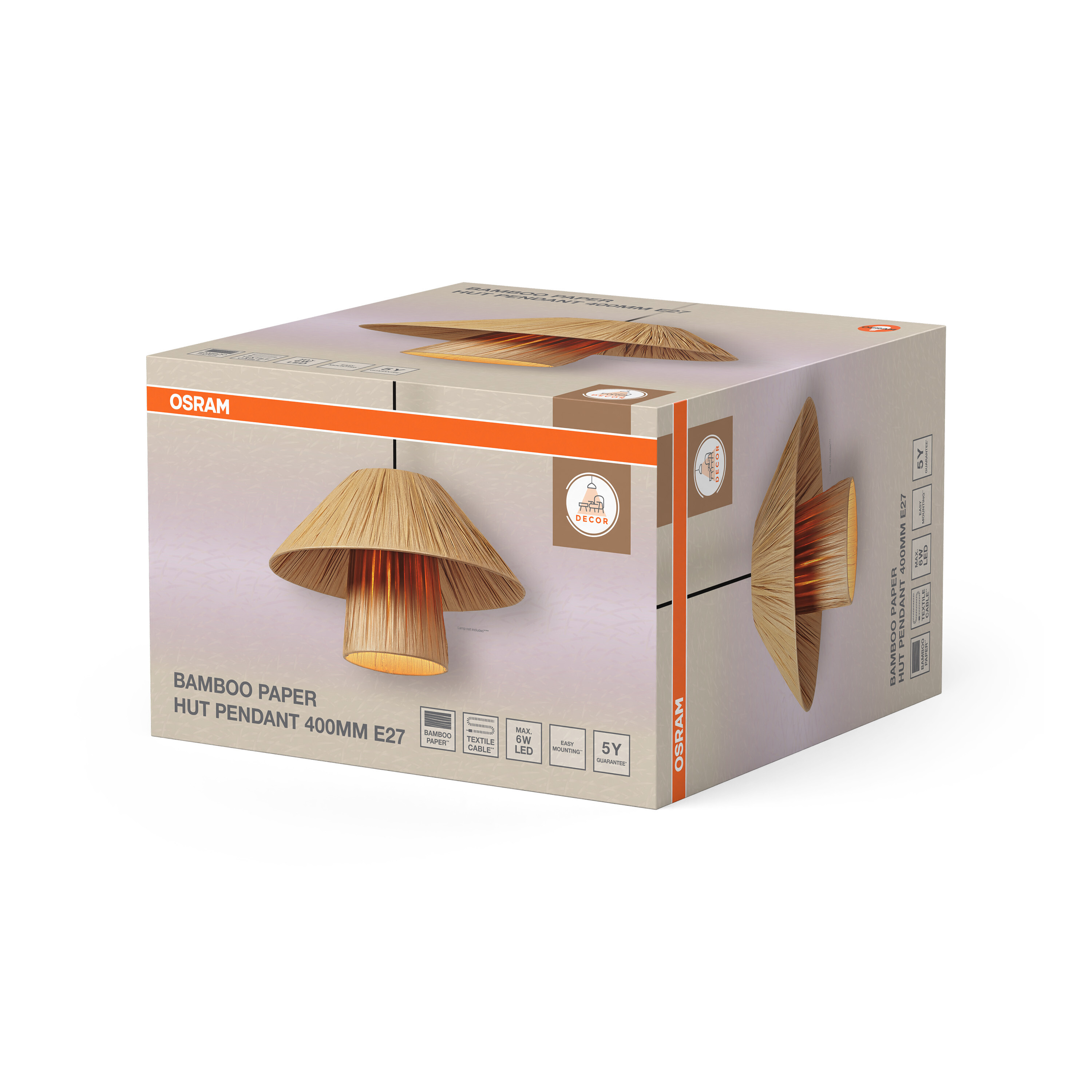OSRAM Bambuspapier Hut Pendelleuchte 400mm E27 auf Karton.