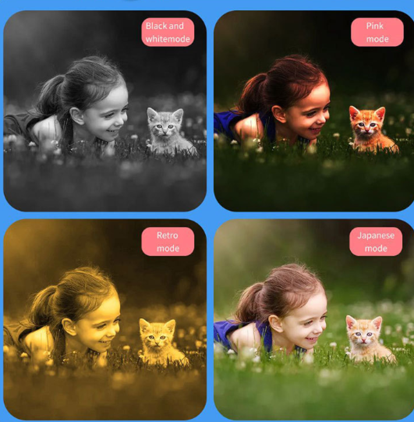 Ein Mädchen und eine Katze liegen im Gras. Vier verschiedene Filter werden gezeigt.
