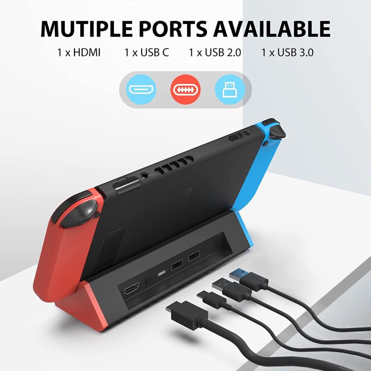 Ein Nintendo Switch Dock mit vielen Anschlüssen: HDMI, USB-C, USB 2.0, USB 3.0.