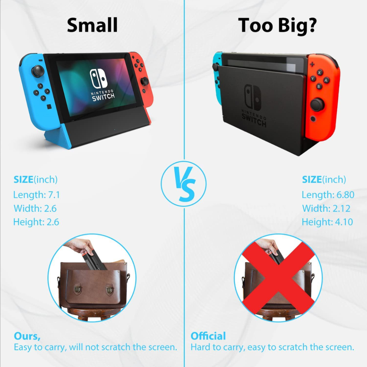 Vergleich: Nintendo Switch Konsole klein/groß, Maße und Tragbarkeit.
