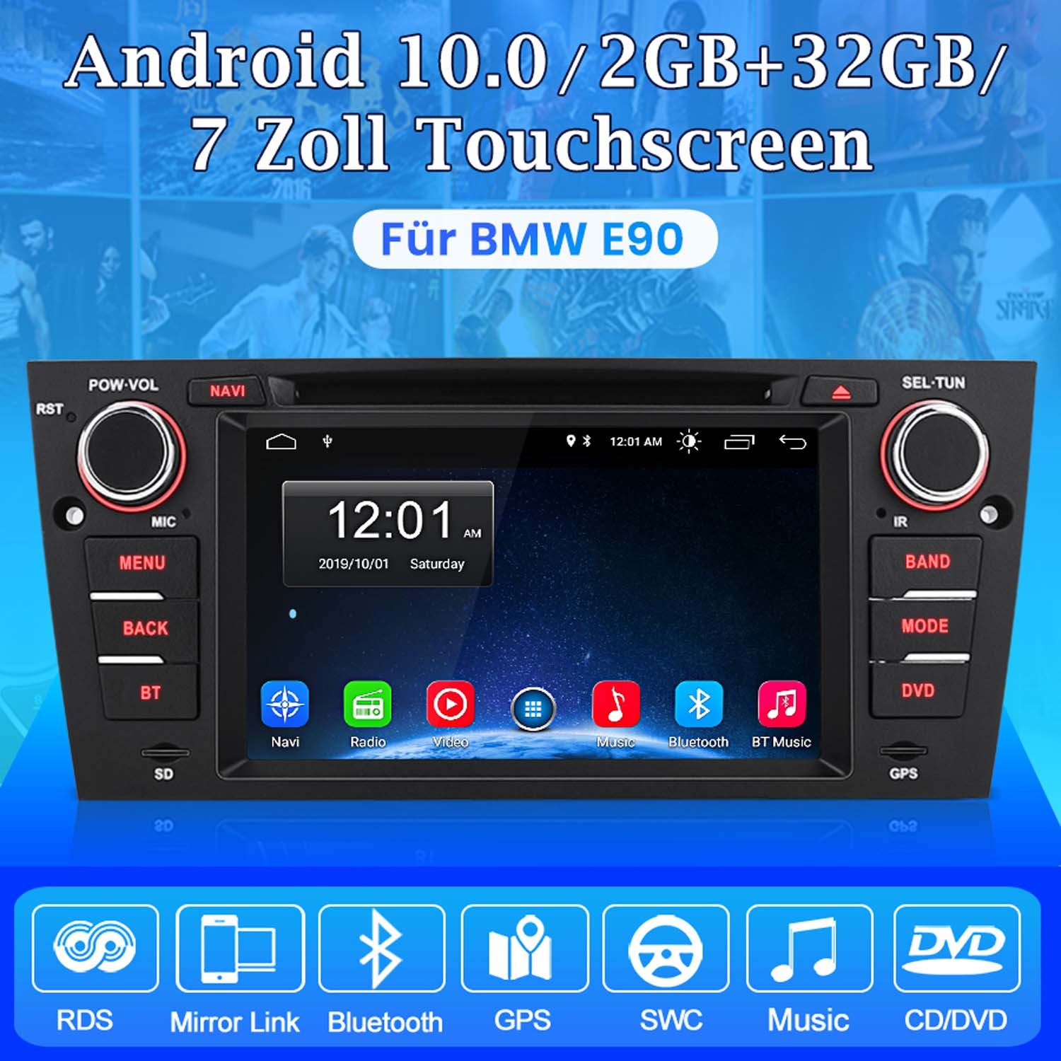 Android 10.0 Autoradio mit 7-Zoll-Touchscreen, für BMW E90.