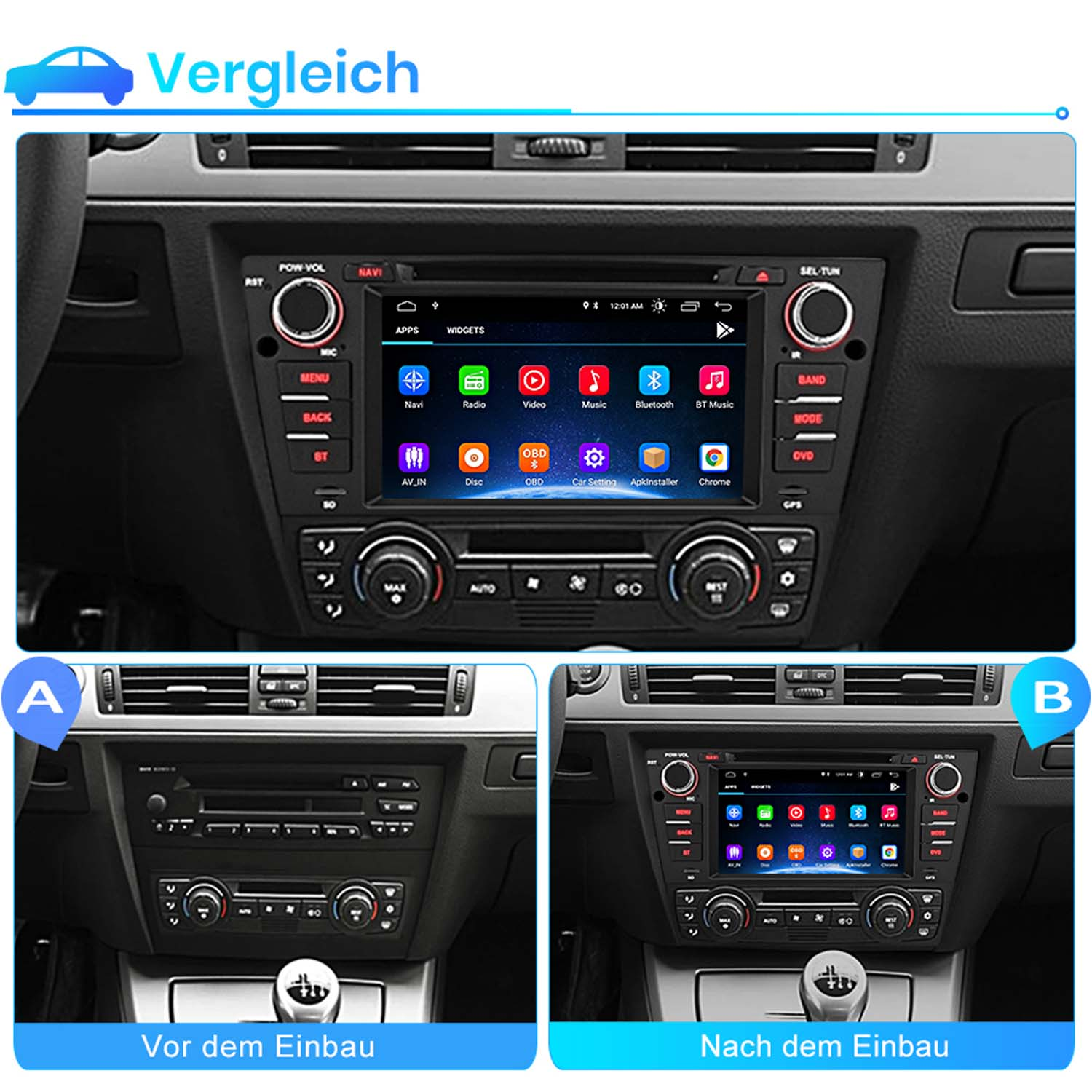 Vergleich: Auto-Infotainmentsystem vor und nach der Installation.