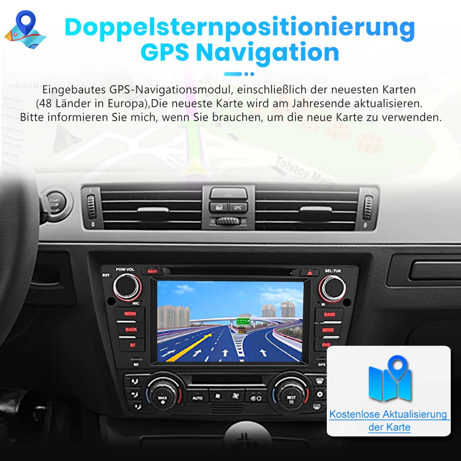 Armaturenbrett mit GPS-Navigationsbildschirm, der eine Straßenkarte mit Gebäuden anzeigt.