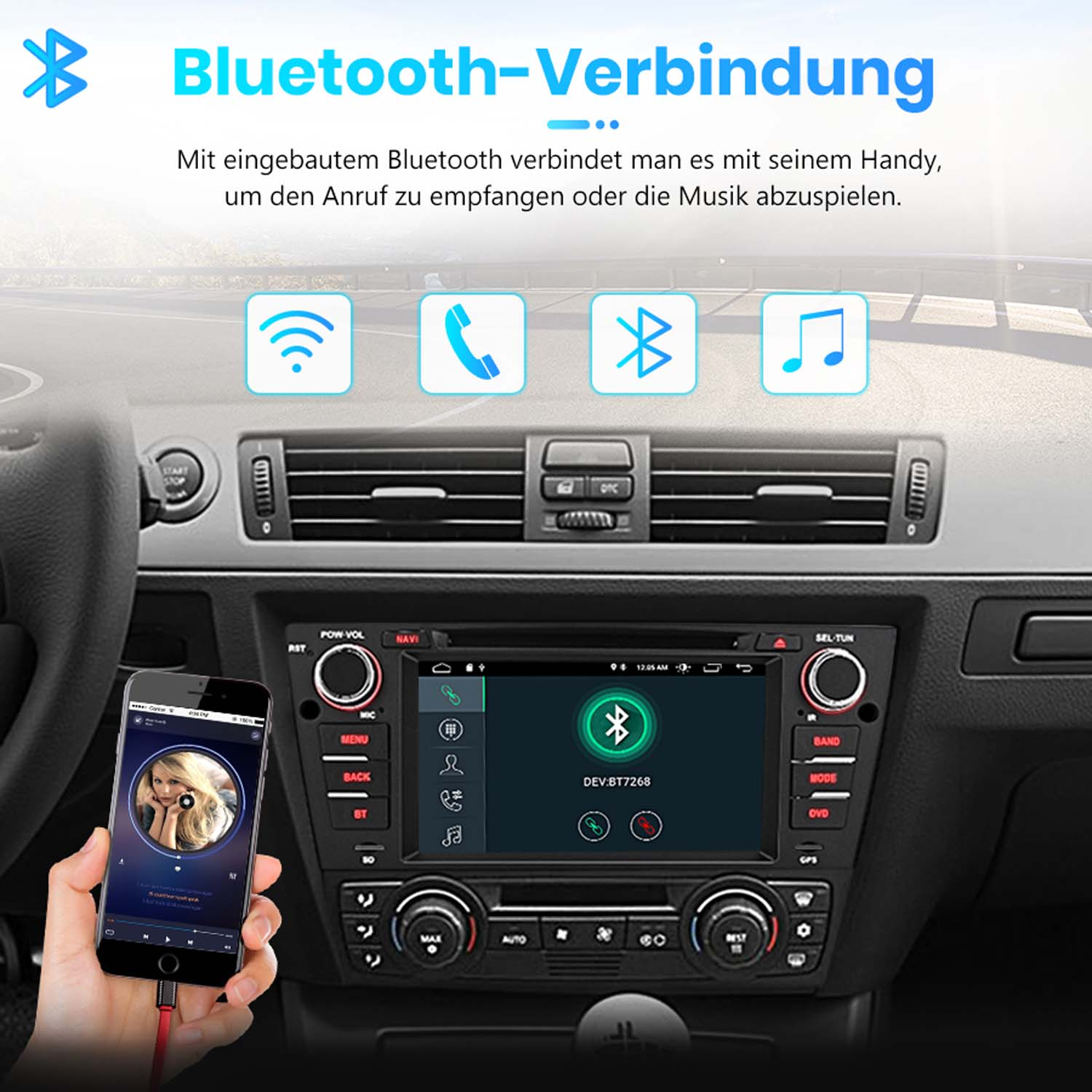 Ein Handy ist mit dem Auto-Infotainmentsystem verbunden.