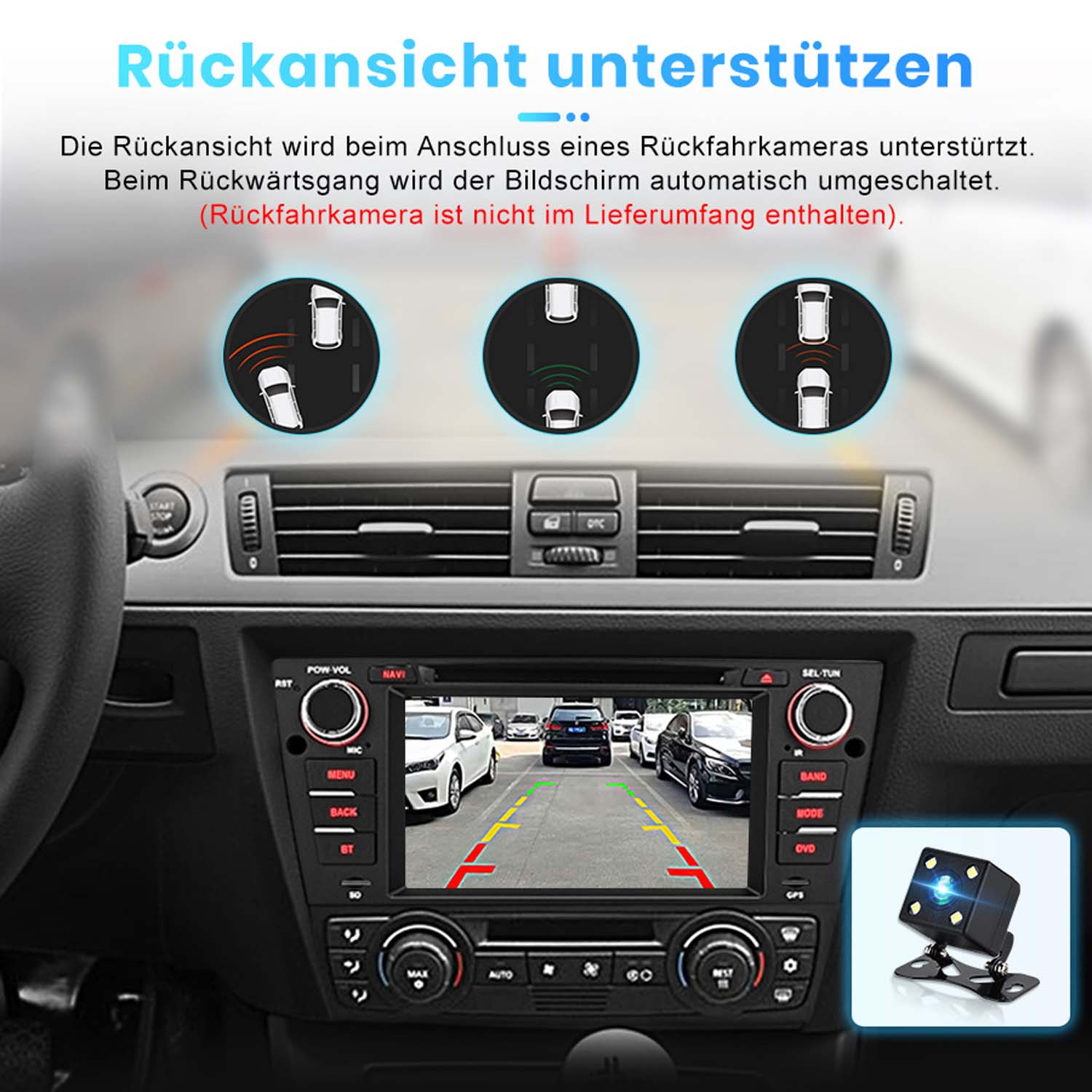 Auto-Rückfahrkamera-Anzeige auf dem Infotainment-Bildschirm mit Parksensoren.