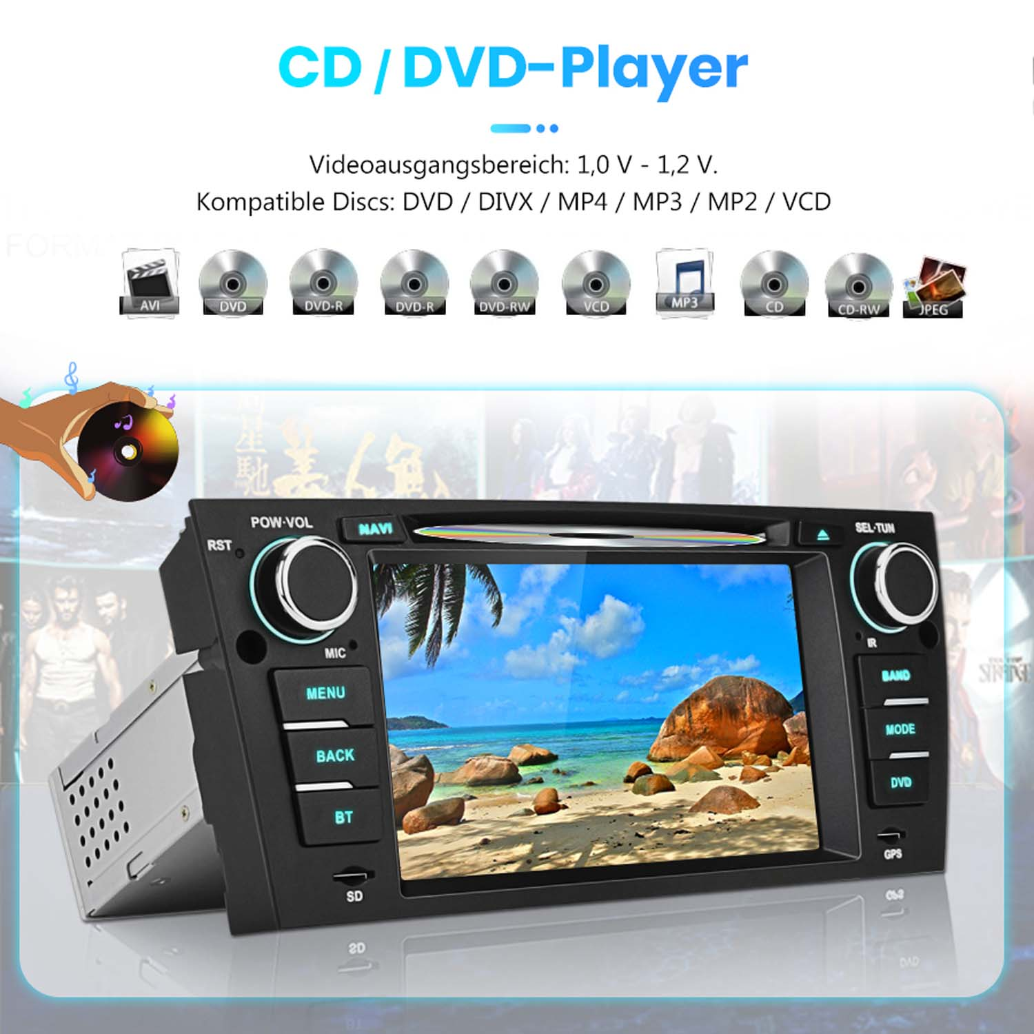 Ein Autoradio mit Touchscreen zeigt einen Strand. Oben sind Disc-Symbole.