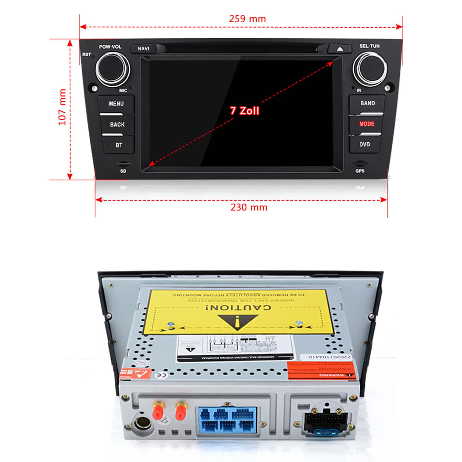 Car multimedia player mit 7-Zoll-Bildschirm und Anschlüssen auf der Rückseite.