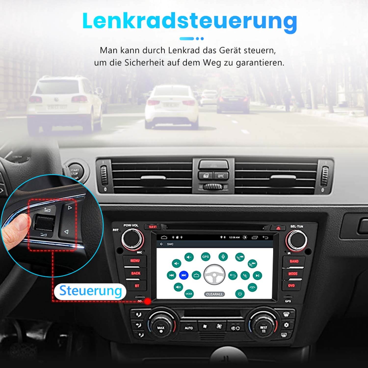 Ein Auto-Lenkrad mit Tasten und Touchscreen-Radio. Zoom auf Lenkradsteuerung.