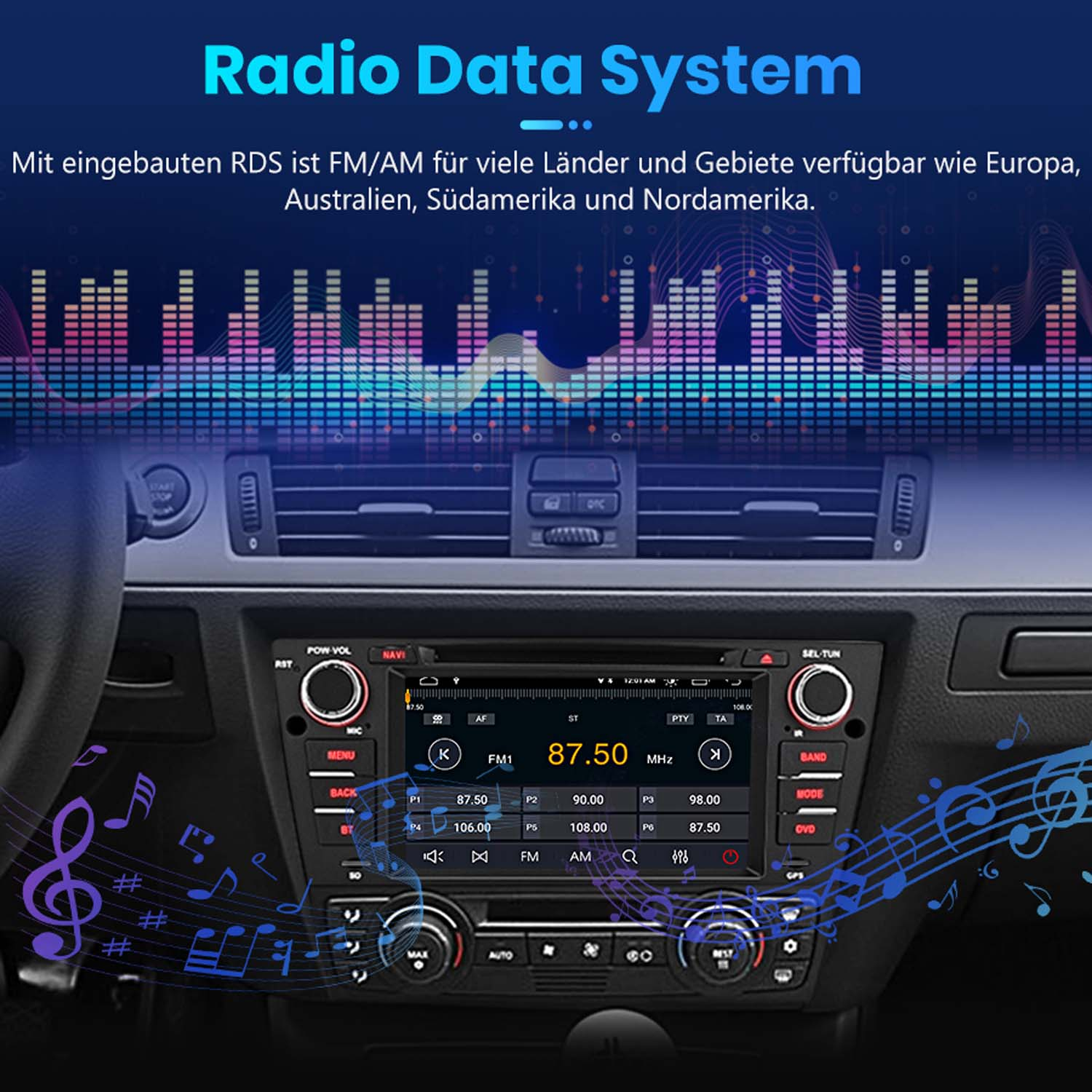Das Bild zeigt das Innere eines Autos mit einem Radio-Display. Es gibt Noten und Frequenzen.