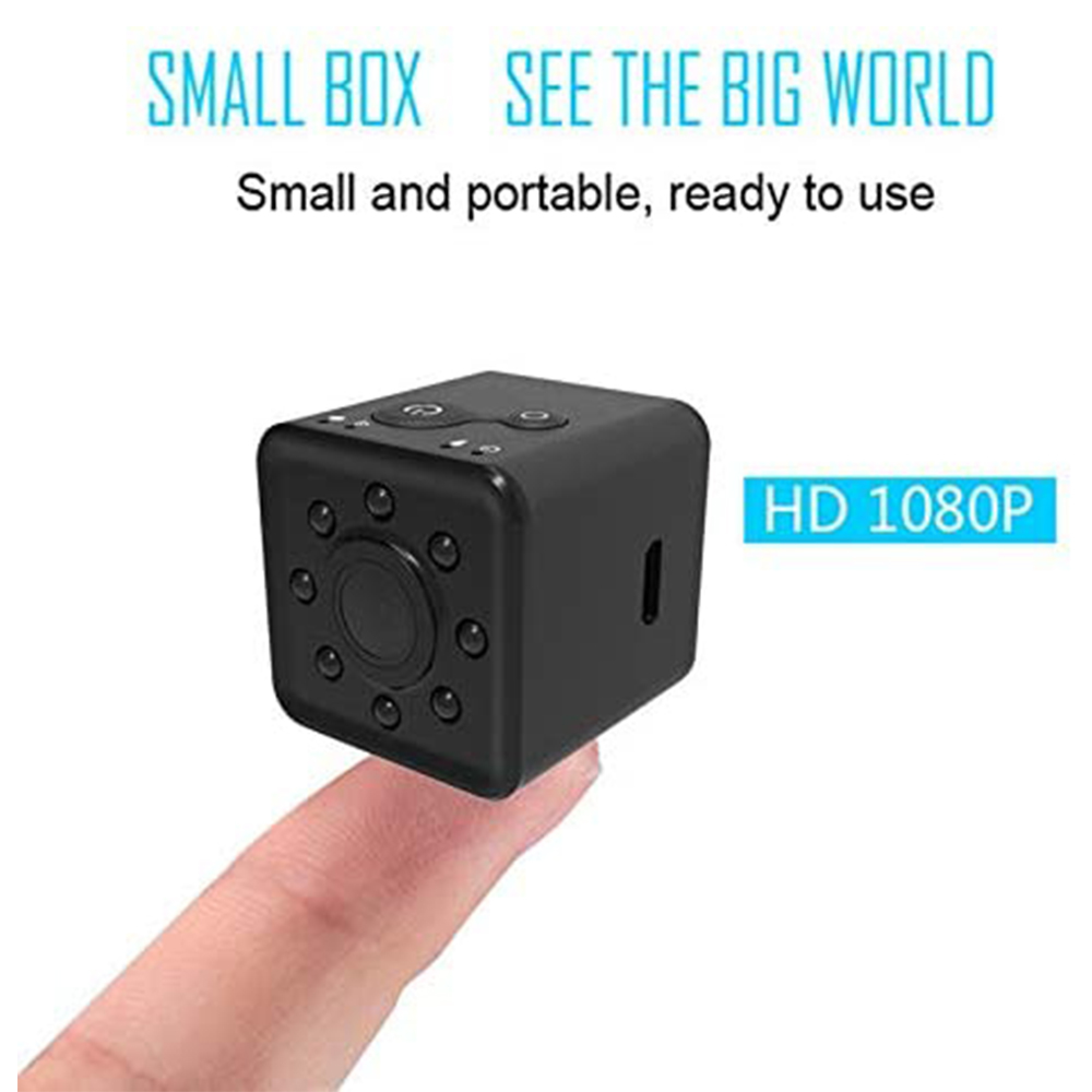 Eine kleine schwarze Kamera liegt auf einem Finger. HD 1080P.