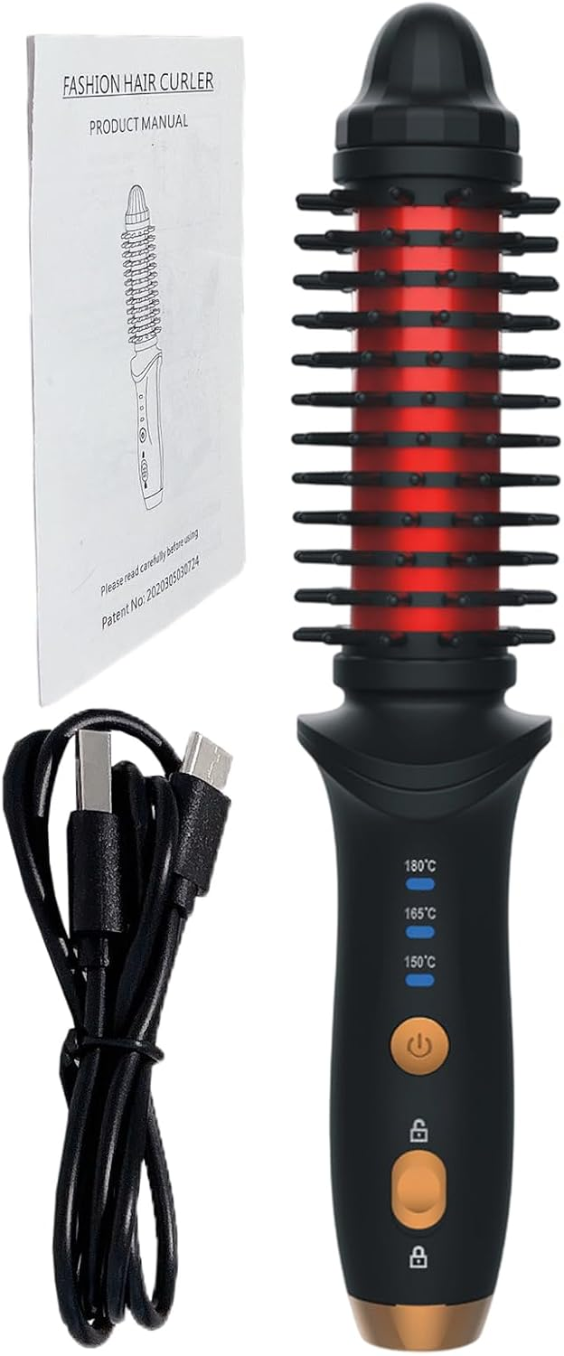 Ein roter und schwarzer Lockenstab mit USB-Kabel und Anleitung.