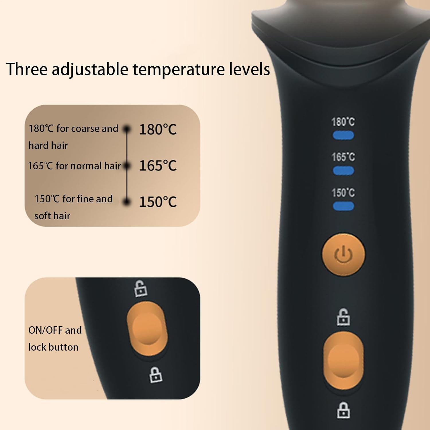 Drei einstellbare Temperaturstufen: 180°C, 165°C, 150°C. Ein/Aus- und Sperrtaste.