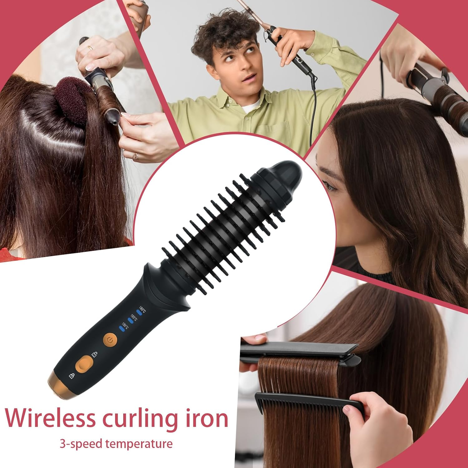 Collage zeigt einen kabellosen Lockenstab und Personen, die Haare mit Lockenstäben und einem Glätteisen stylen.