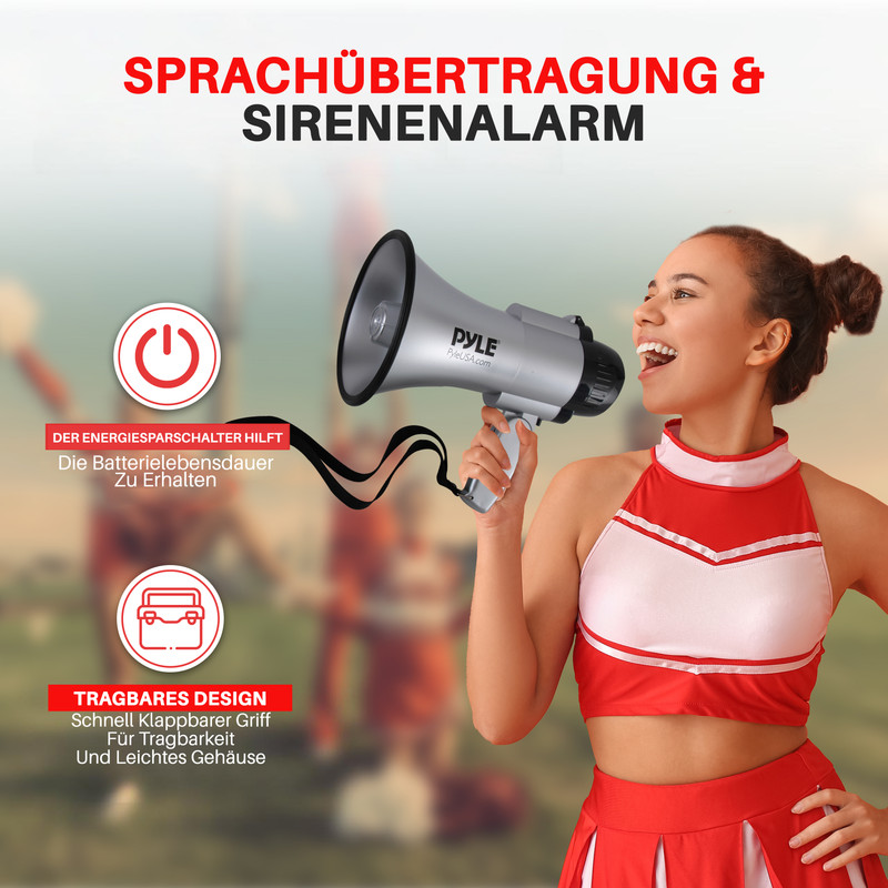 Eine Cheerleaderin hält einen silbernen Megafon, mit Text über Sprachübertragung.