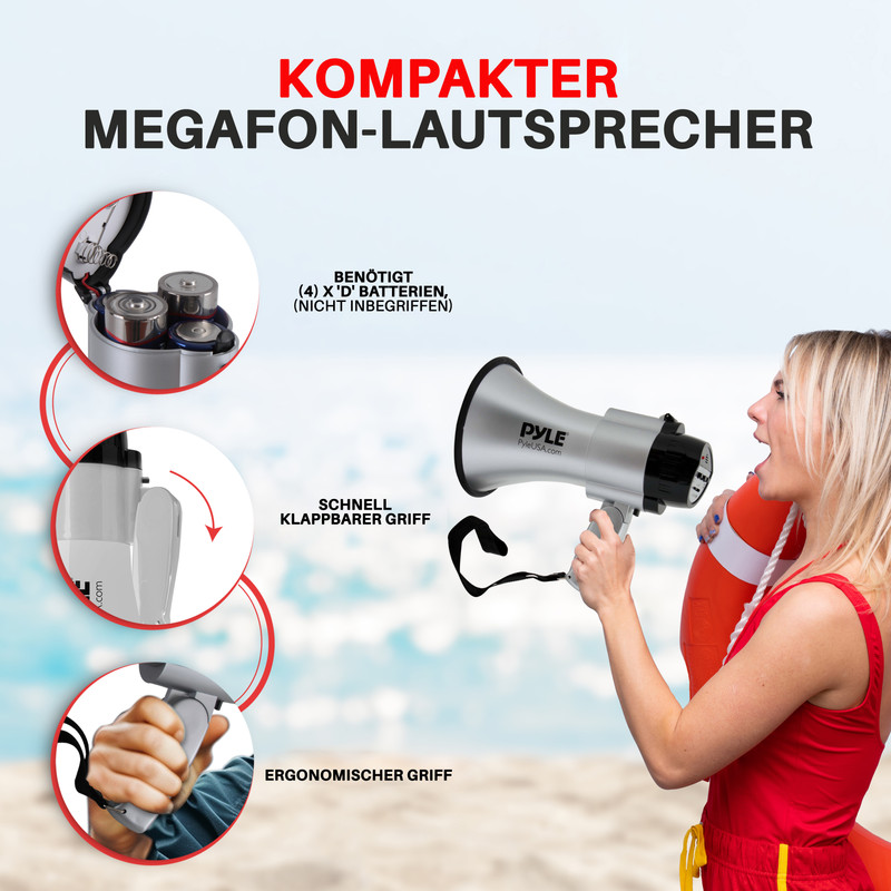 Frau mit Megafon am Strand, mit Detailansichten von Batteriefach und Griff.